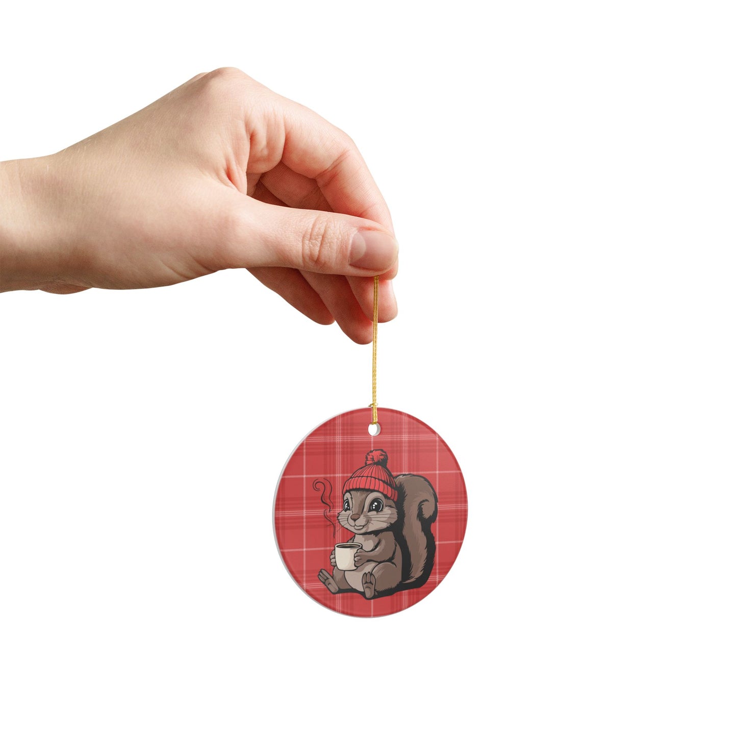 Cozy Squirrel Christmas Tree Ornament, Xmas Squirrels Holiday Decorations, Red Plaid Ceramic Ornaments, Woodland Animals Theme Decor