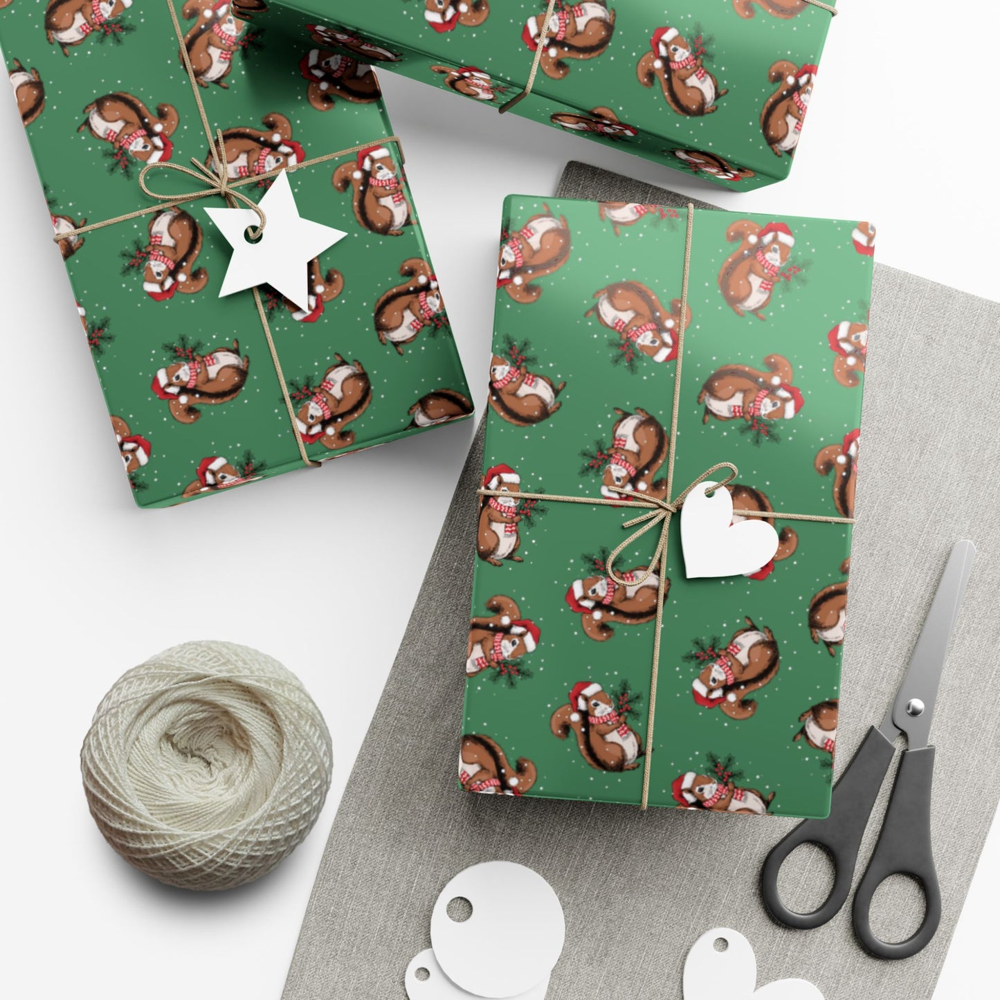 Squirrel Christmas Wrapping Paper, Festive Squirrels Print, Cheery Green Holiday Gift Wrap With Snowy Xmas Squirrel In Santa Hat