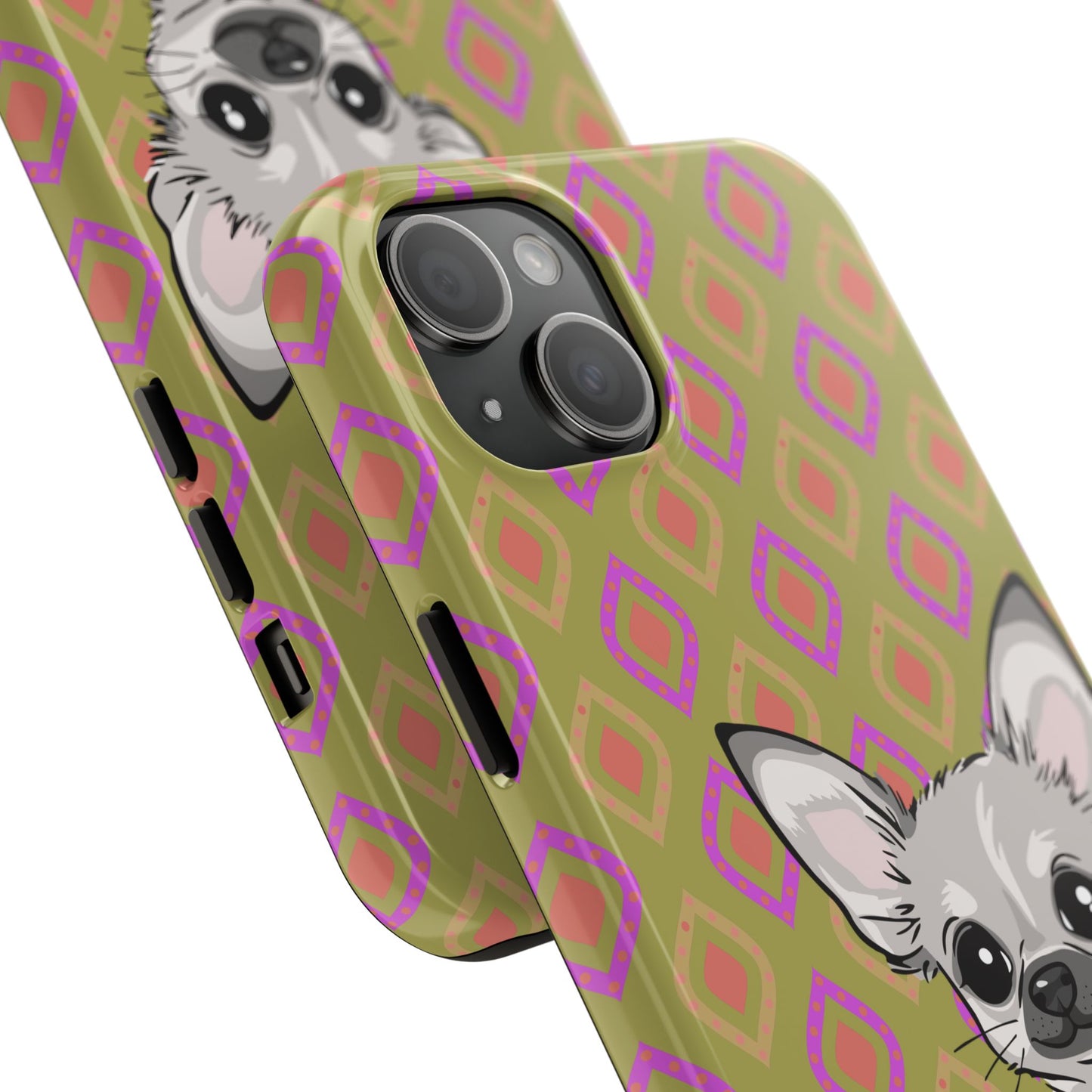 White Chihuahua Puppy Dog Phone Case, Tough Phone Cases Pet Dogs Retro Green  Pattern