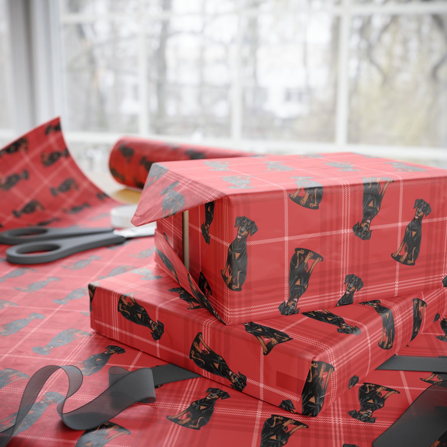 Doberman Pinscher Dog Pattern Wrapping Paper, Red Plaid Holiday Gift Wrap Roll, Birthday Anniversary Xmas Gifts, Matte Finish