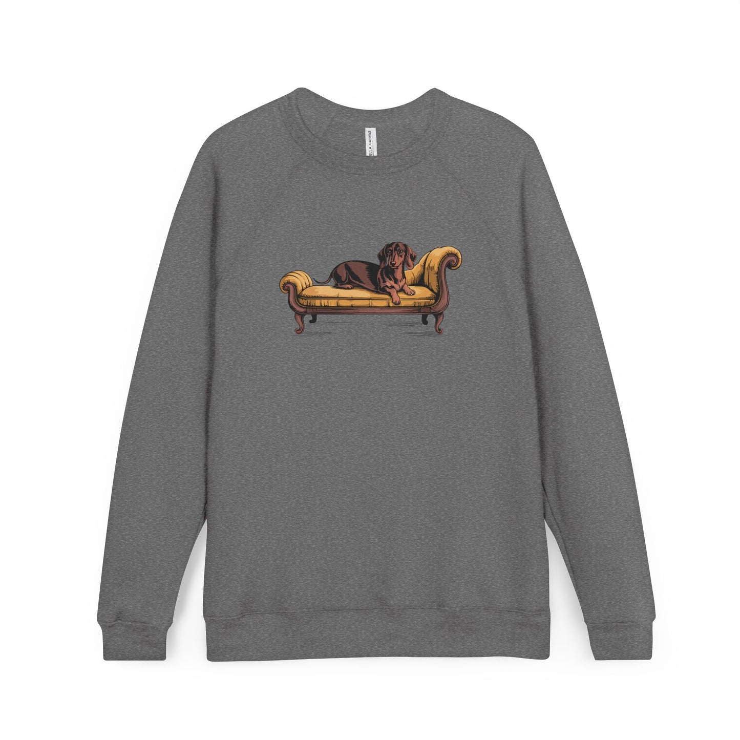 Brown Dachshund Dog on Vintage Chaise Lounge Sweatshirt | Wiener Dogs Design Raglan Fleece Sweatshirts