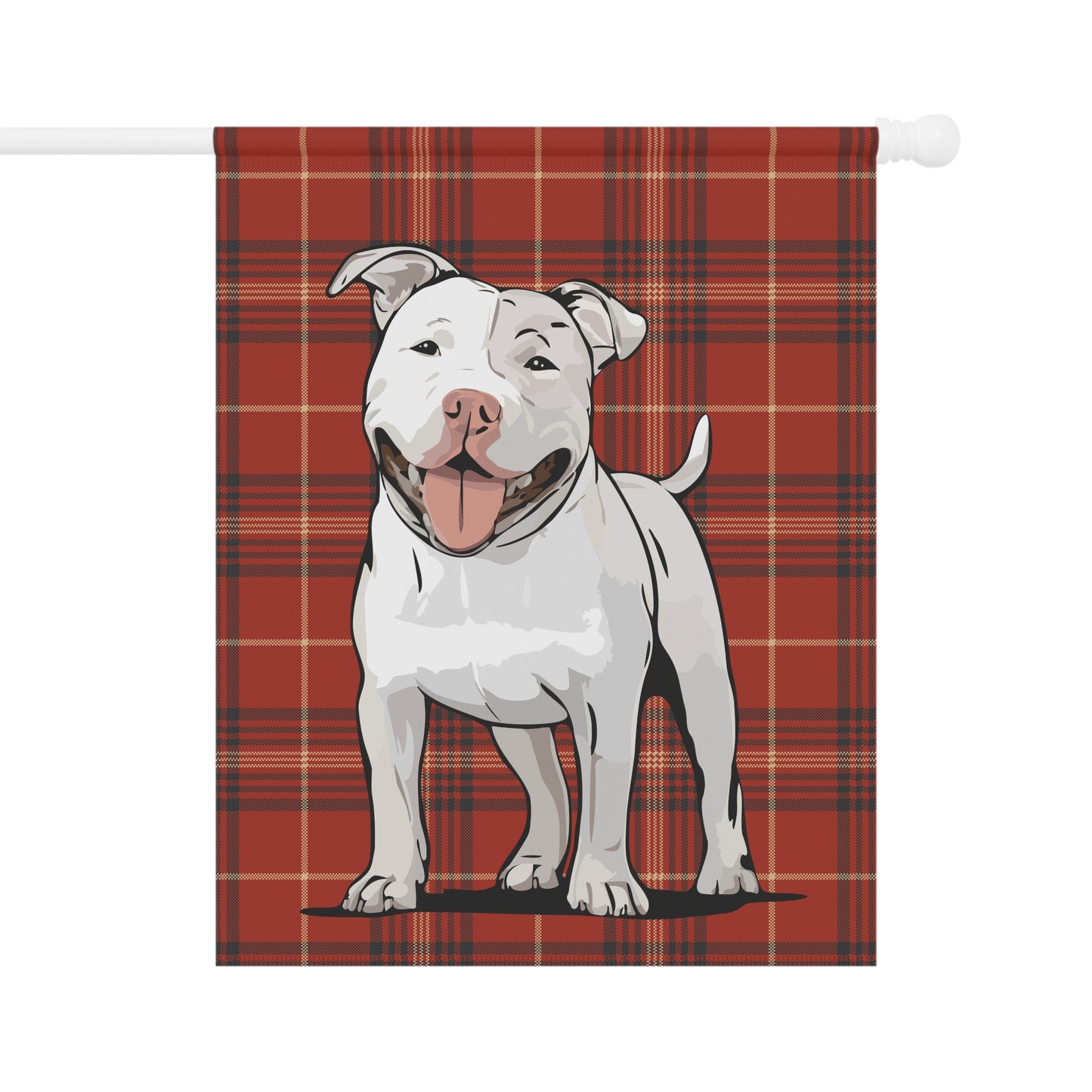 White Pit Bull Terrier Dog Red Plaid Outdoor Garden Banner Flag, Pitbull Christmas Holiday Yard Decorations