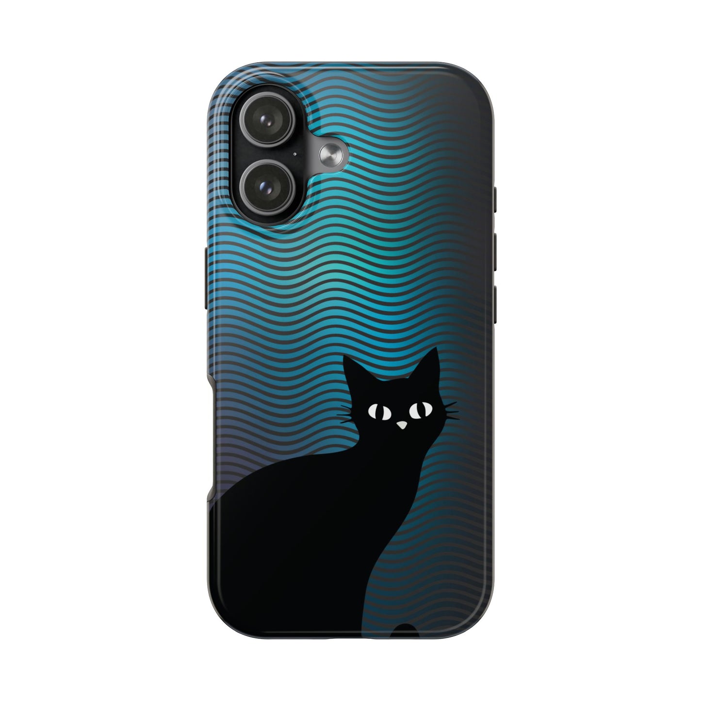 Black Cat Cell Phone Case | Peeking Kitty Graphic on Wavy Teal Background