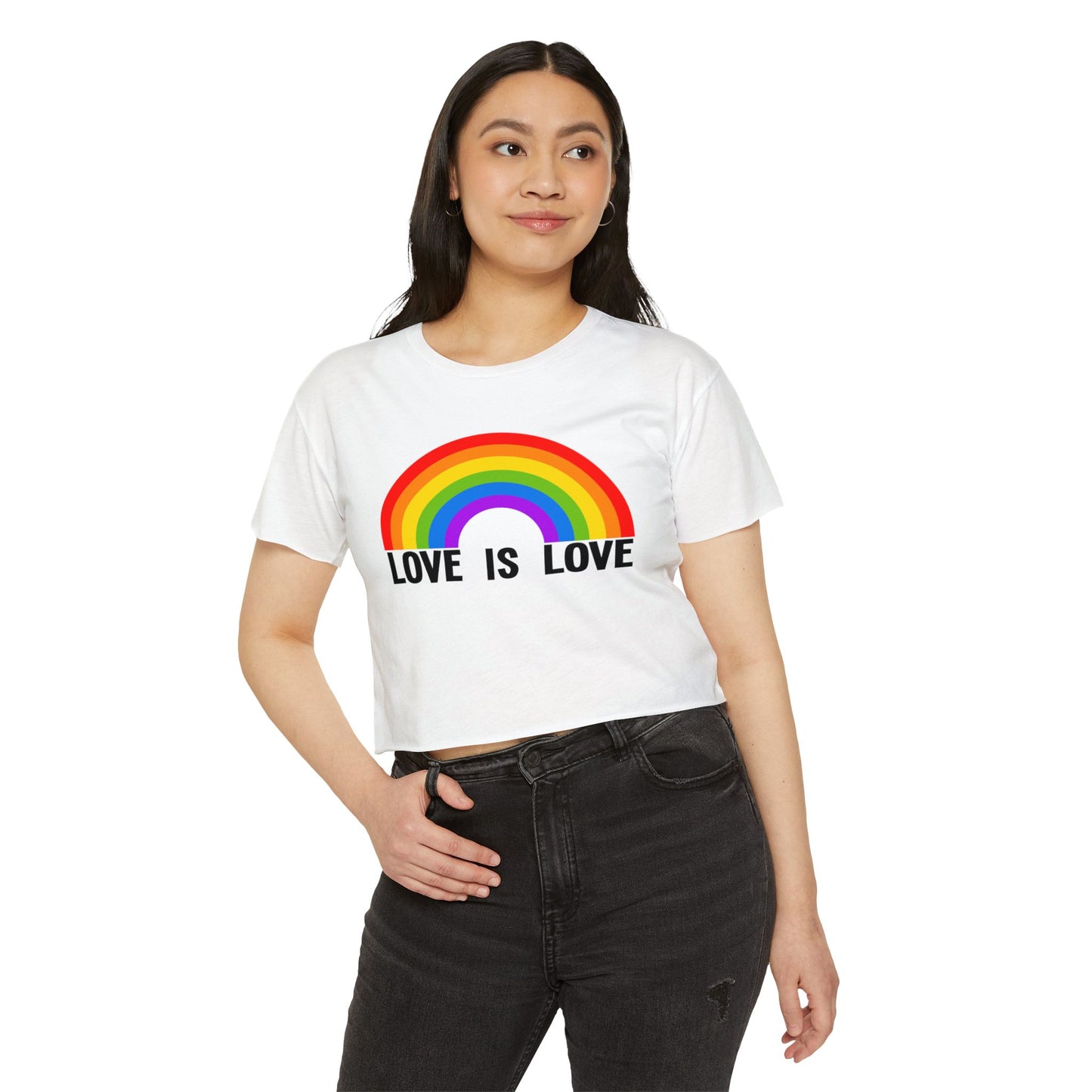 Love Is Love Rainbow Crop Top, Womens LGBTQIA Summer Pride Festival Cropped Tee, Lesbian Gay Queer Ally Apparel Scissors