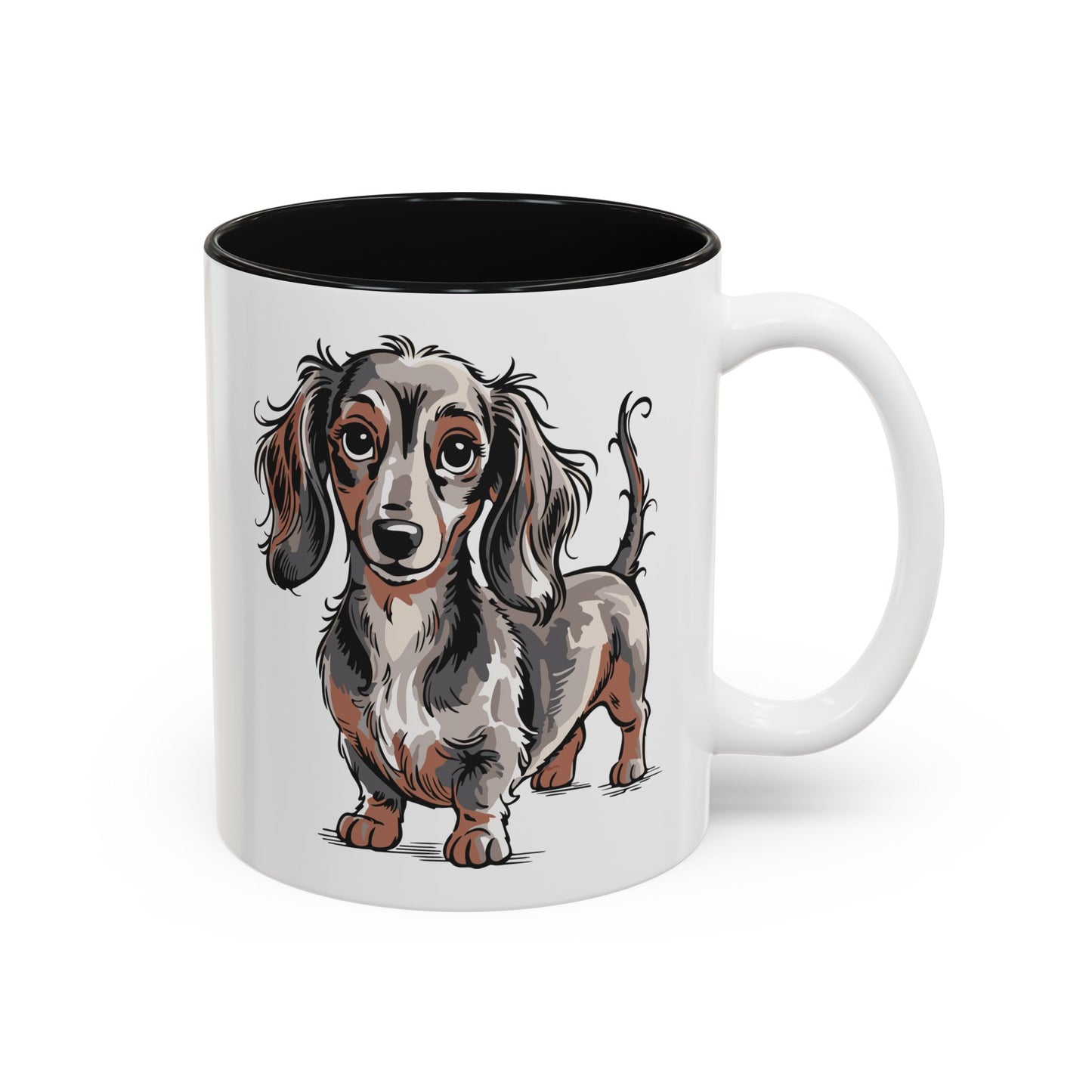 Longhaired Dachshund Dog Illustration Mug | 11 oz Two-Tone Black Accent Ceramic Coffee Mugs, Wiener Dogs Design