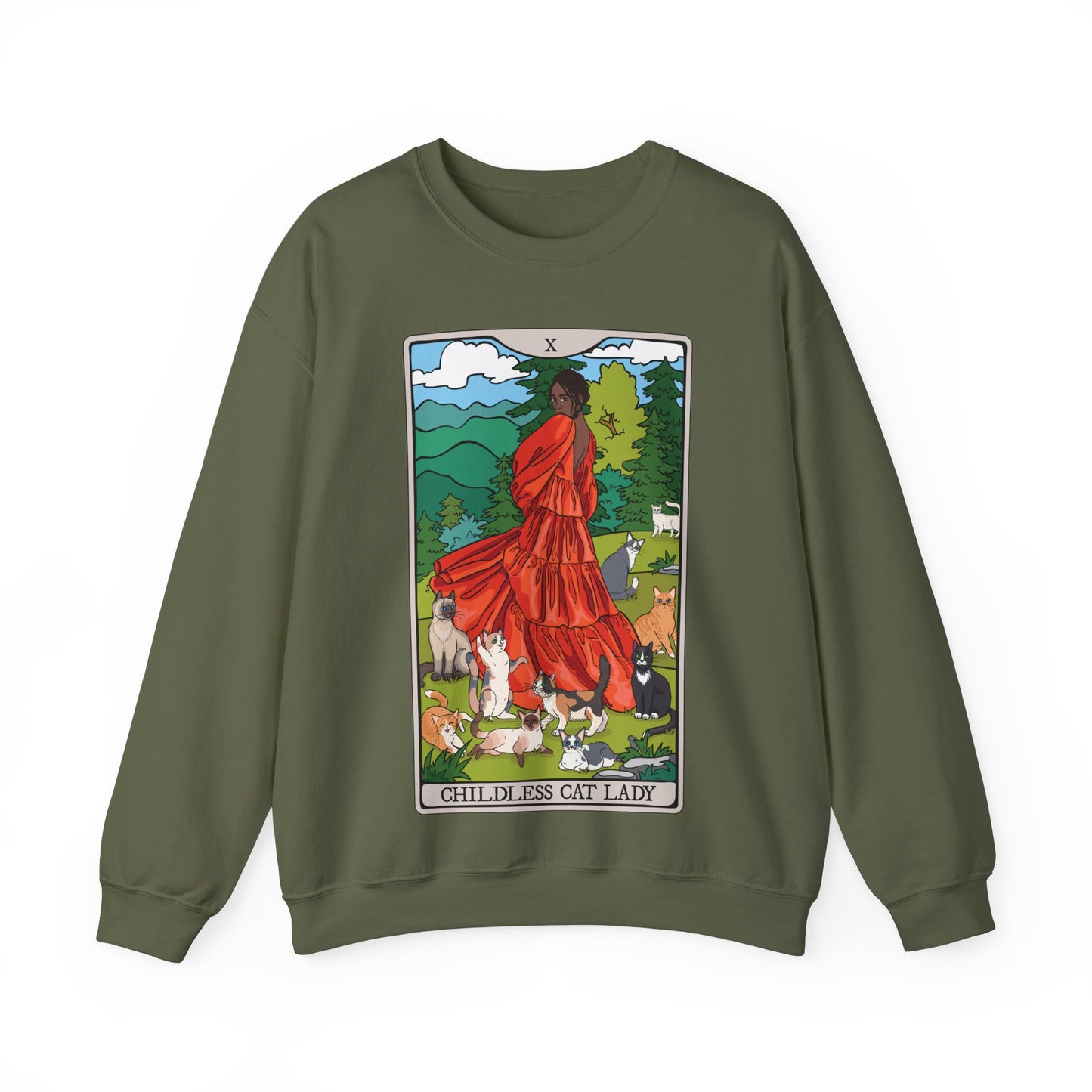 Childless Cat Lady Tarot Card Sweatshirt, Childless Woman Nature Crewneck Sweater, Witchy Apparel - POC Dark Skin Tone