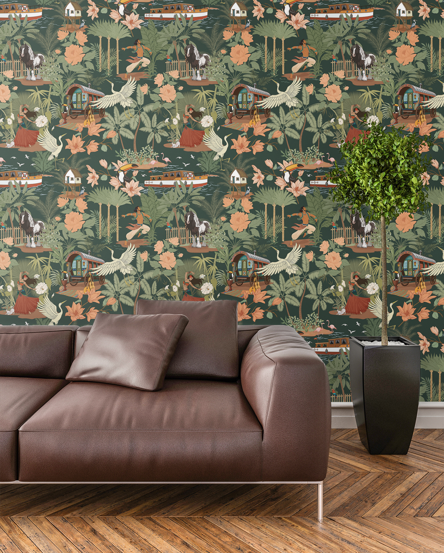 Tropical Nomad Deep Emerald Wallpaper - Botanical Floral Home Decor Wall Paper