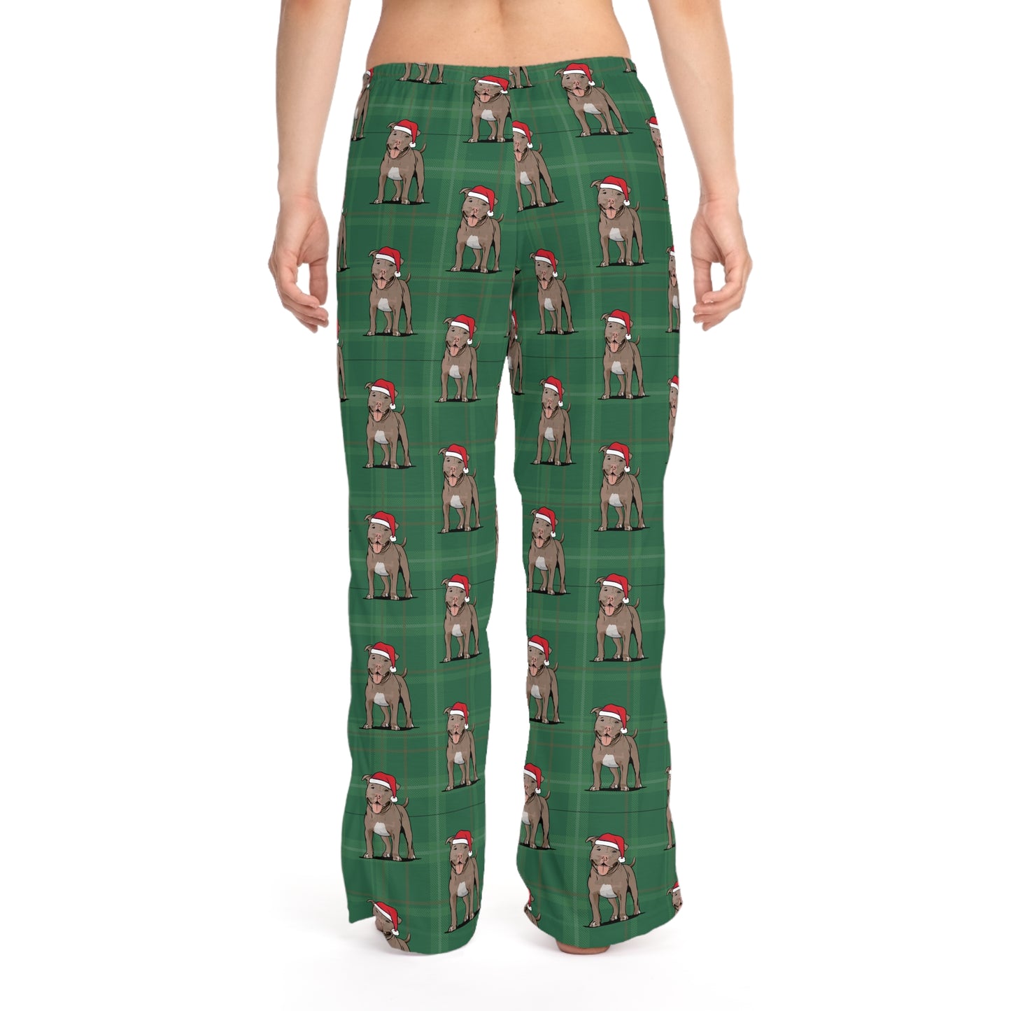 Green Plaid Pit Bull Dog  Women's Christmas Pajama Pants, Santa Pitbull Dogs PJ Bottoms, Cozy Winter Loungewear, Matching Holiday Sleepwear