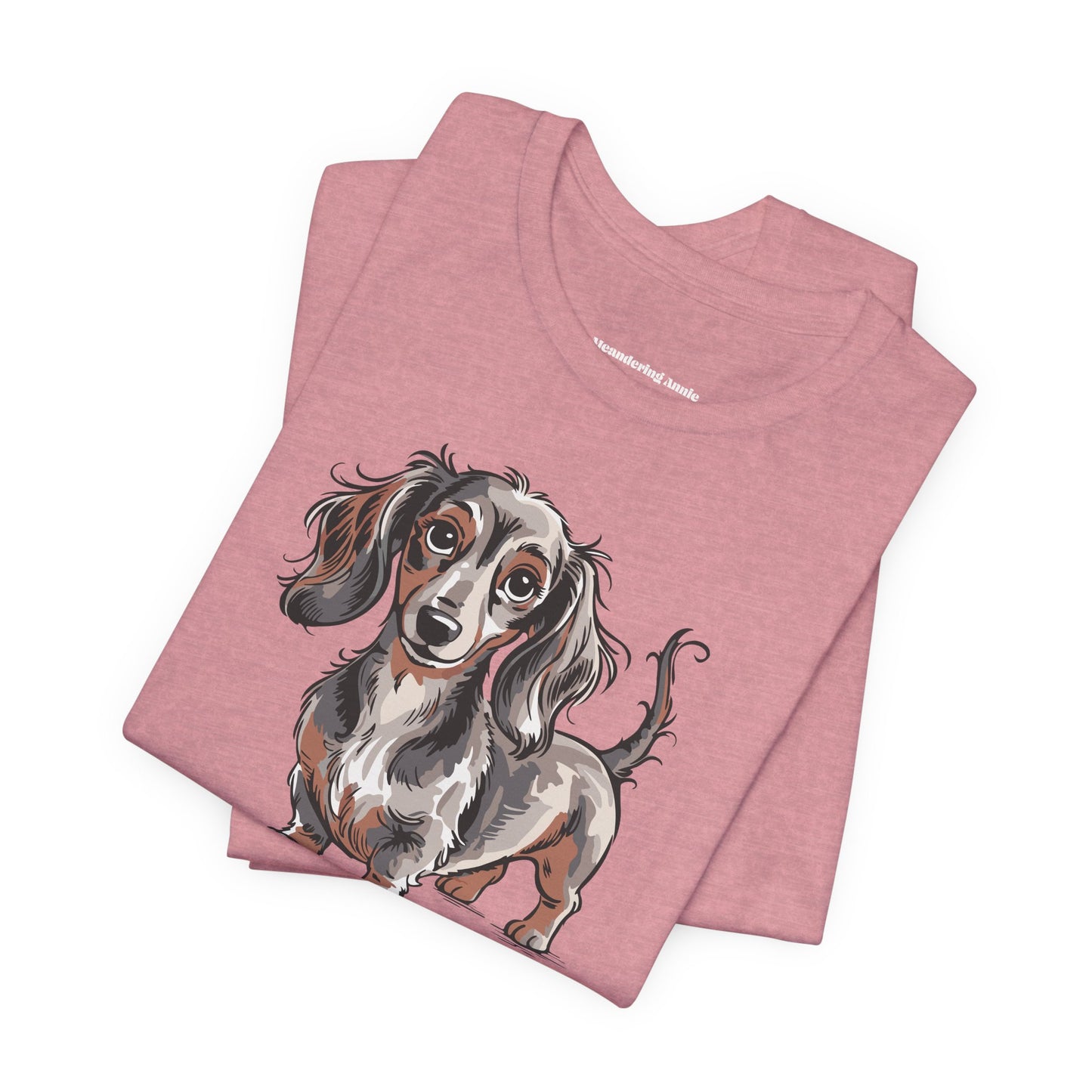 Long Haired Dachshund Dog Illustration T-shirt | Cute Wiener Dogs Tee, 100% Cotton Short Sleeve Shirts