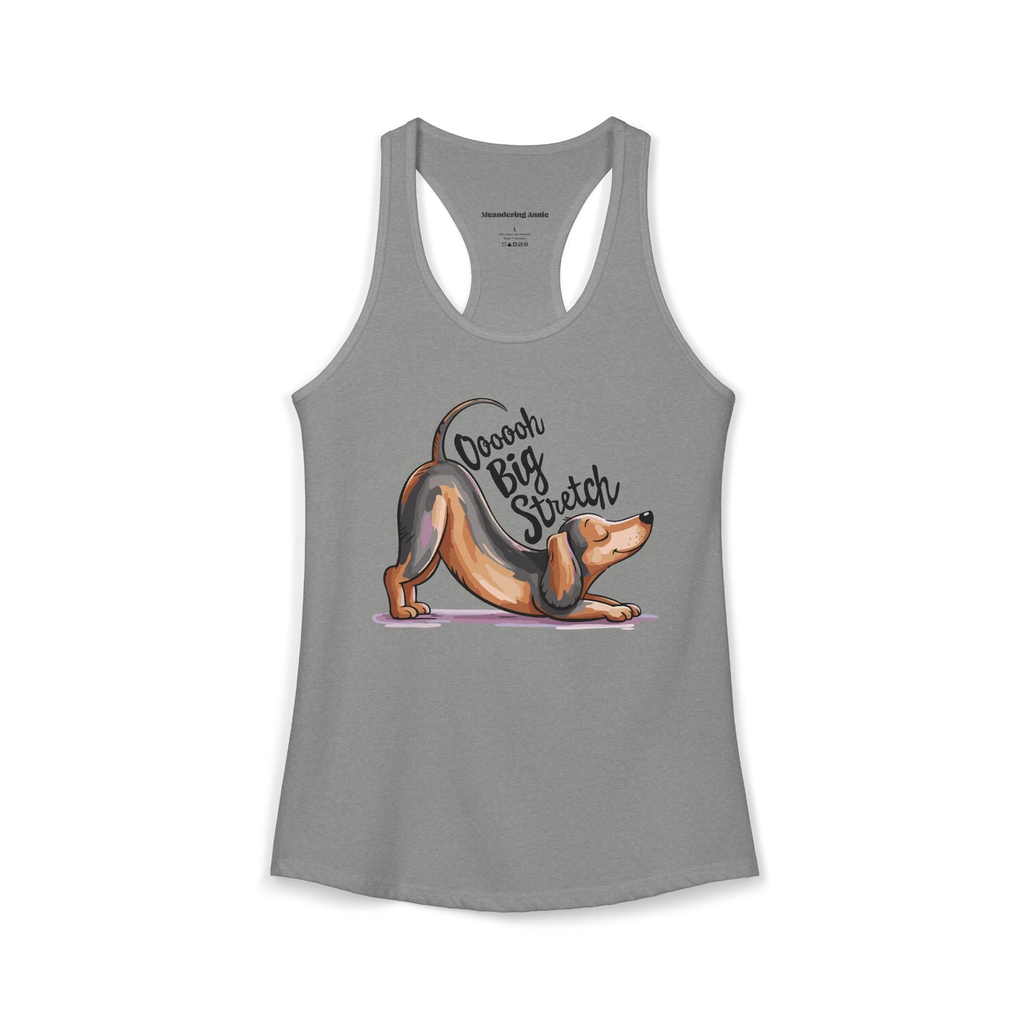 Dachshund Stretching Downward Dog "Ooooh Big Stretch" Women's Racerback Tank Top, Yoga Pup Wiener Dogs Funny Shirts