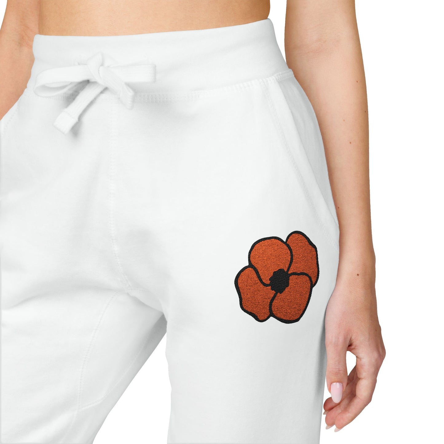 Embroidered Poppy Fleece Sweatpants, Floral Lounge Pants, Casual Flower Joggers, Cozy Embroidery Bottoms, Poppies Botanical Activewear