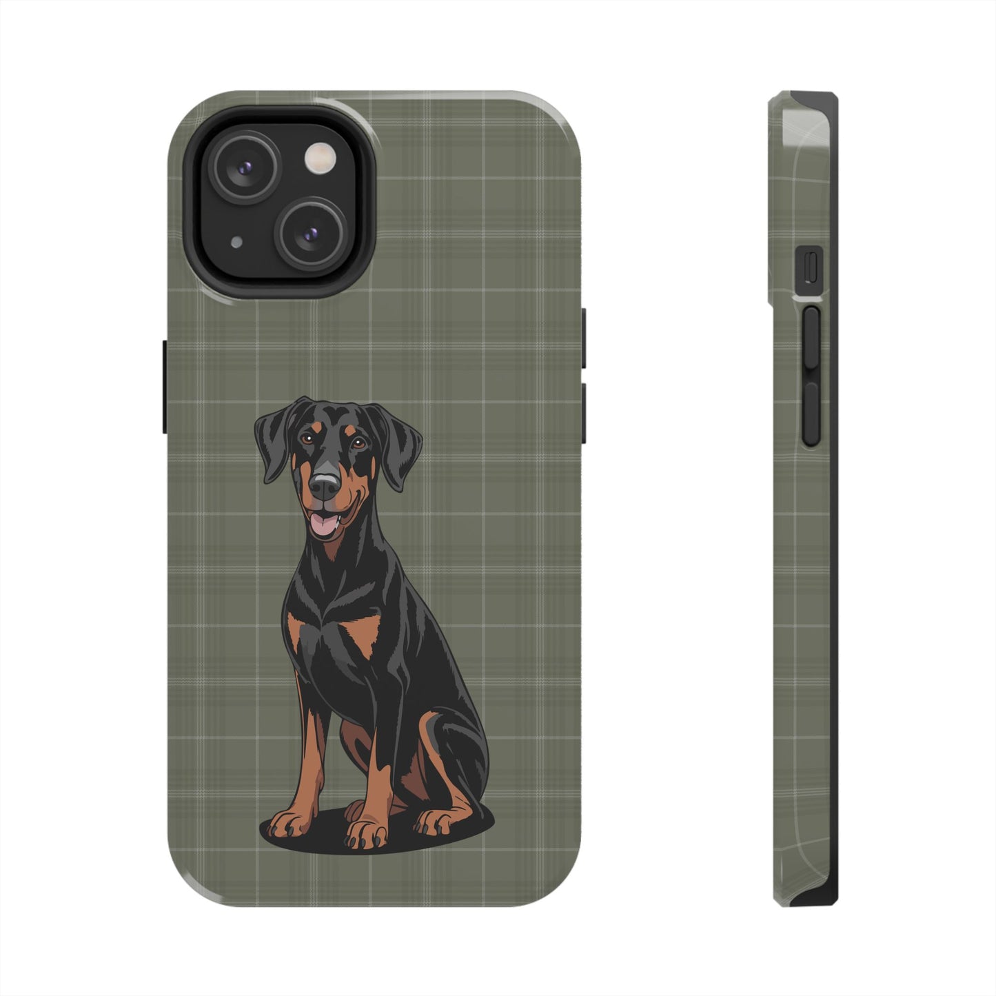 Doberman Pinscher Dog Phone Case, Tough Phone Cases Pet Dogs Green Plaid Pattern