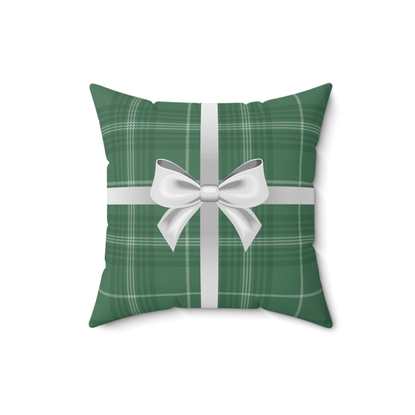 Holiday Gift Throw Pillow, White Bow on Green Plaid Wrapped Present Pillows, Christmas Home Decor Xmas Decorations