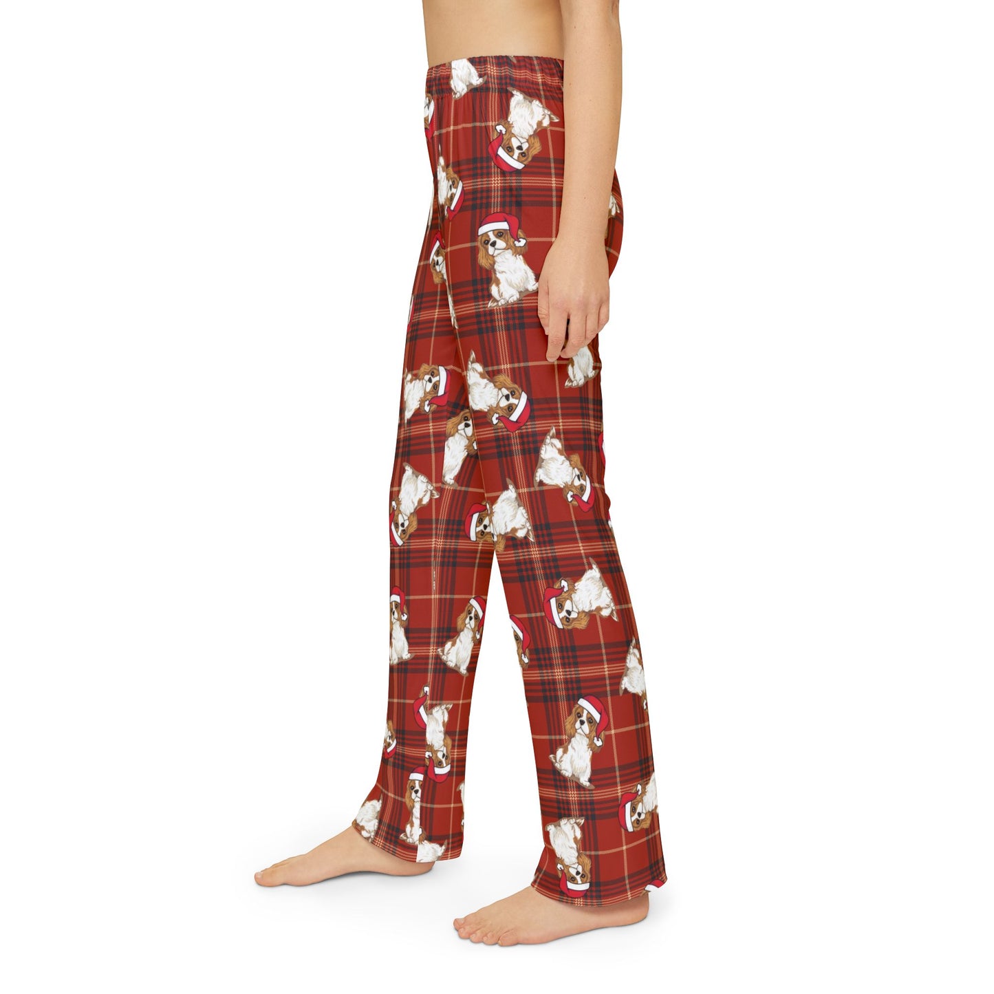 Kids Red Plaid Cavalier King Charles Spaniel Dog Christmas Pajama Pants, Santa Dogs PJ Bottoms, Kid's Holiday Sleepwear