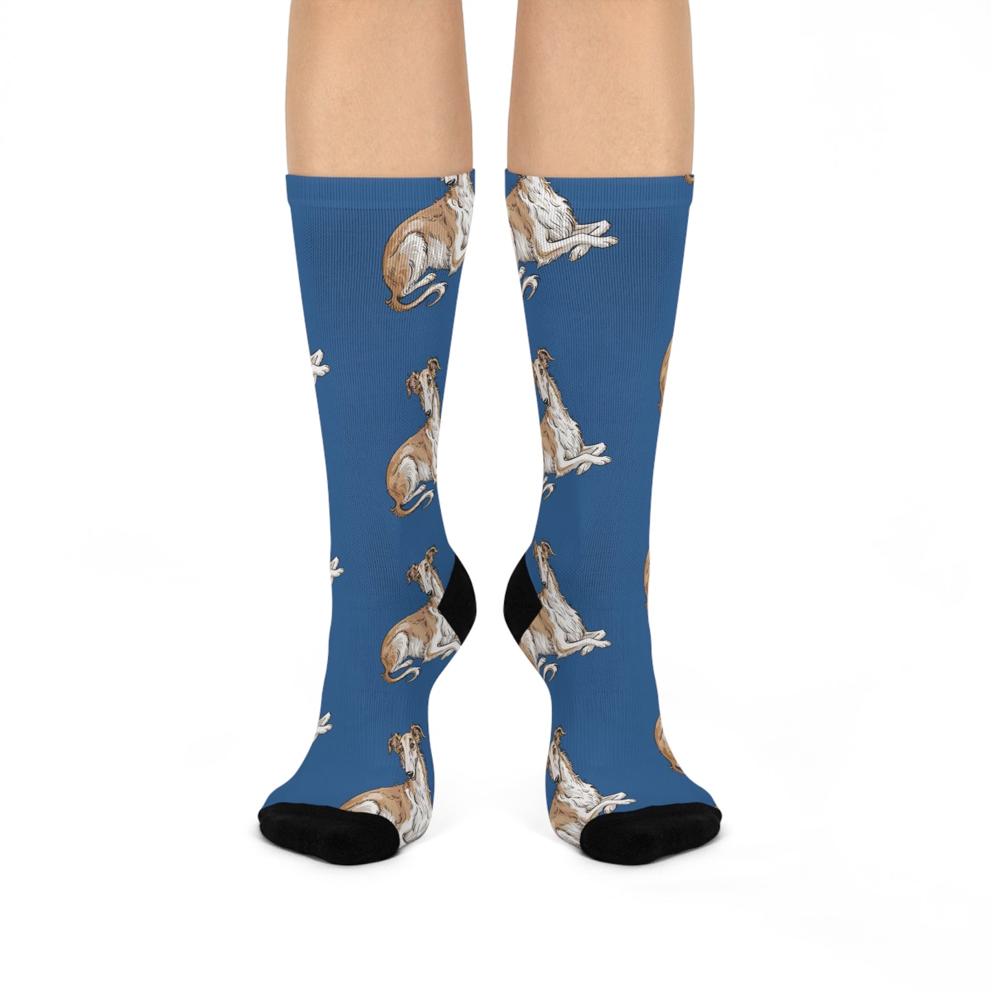 Borzoi Dogs Pattern Cushioned Crew Socks, Blue Russian Hunting Sighthound Dog Print, Novelty Footwear Pet Owners