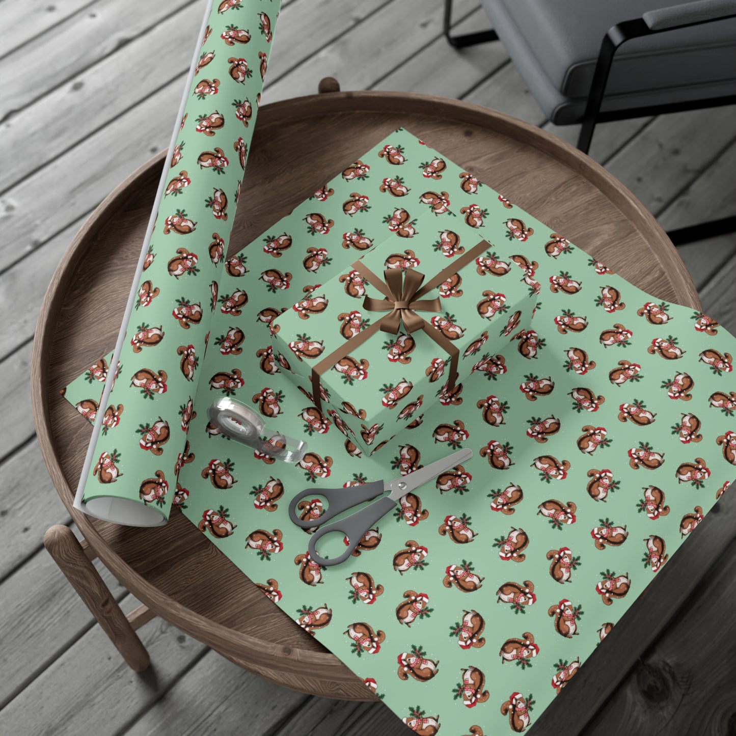 Squirrel Christmas Wrapping Paper, Festive Snowy Santa Squirrels Holiday Print, Sage Green Gift Wrap Xmas