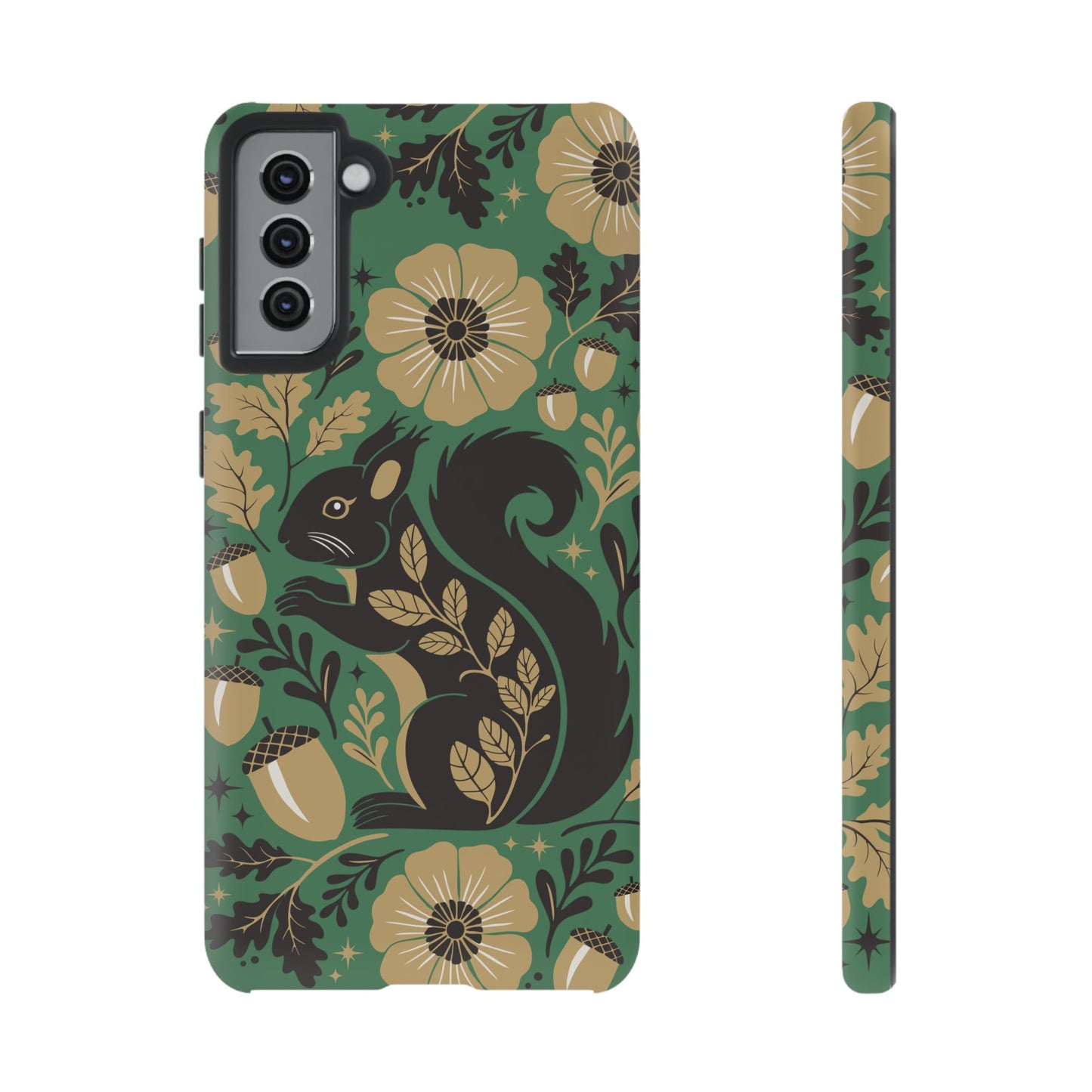 Green Squirrel Floral Pattern Cell Phone Case | Botanical Folk Art Acorn Leaves Design, Iphone Google Pixel Samsung Cases Matte Finish