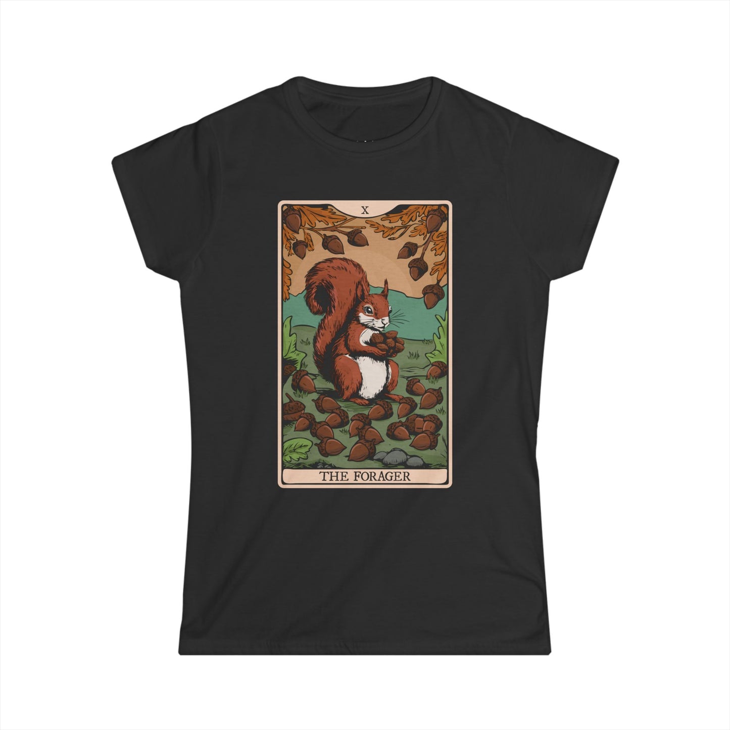 The Forager Squirrel Tarot Card Women's Soft Cotton T-shirt Graphic Tee with Nut Foraging Squirrels Tarot Card Print