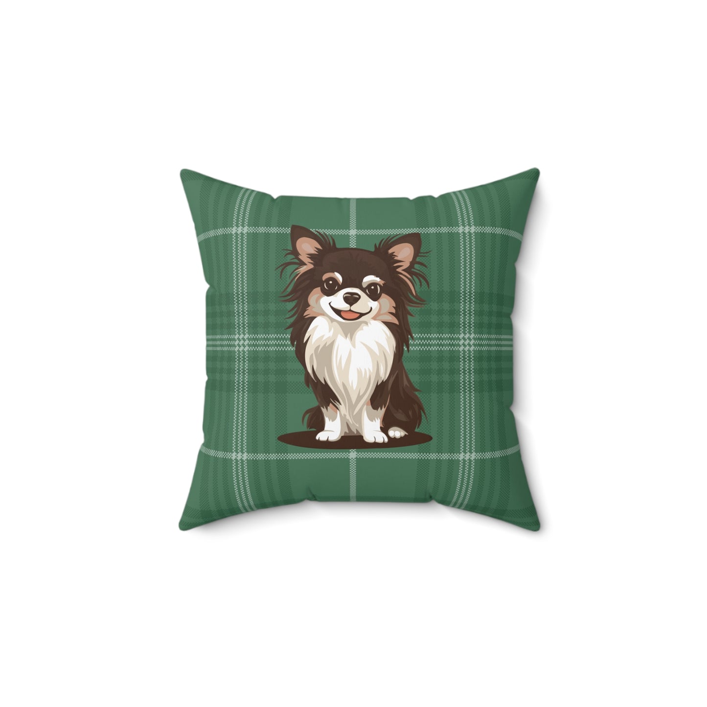 Long Haired Chihuahua Dogs Square Green Plaid Throw Pillow, Pet Owner Home Decor Pillows, Chihuahuas Dog Memorial Gifts