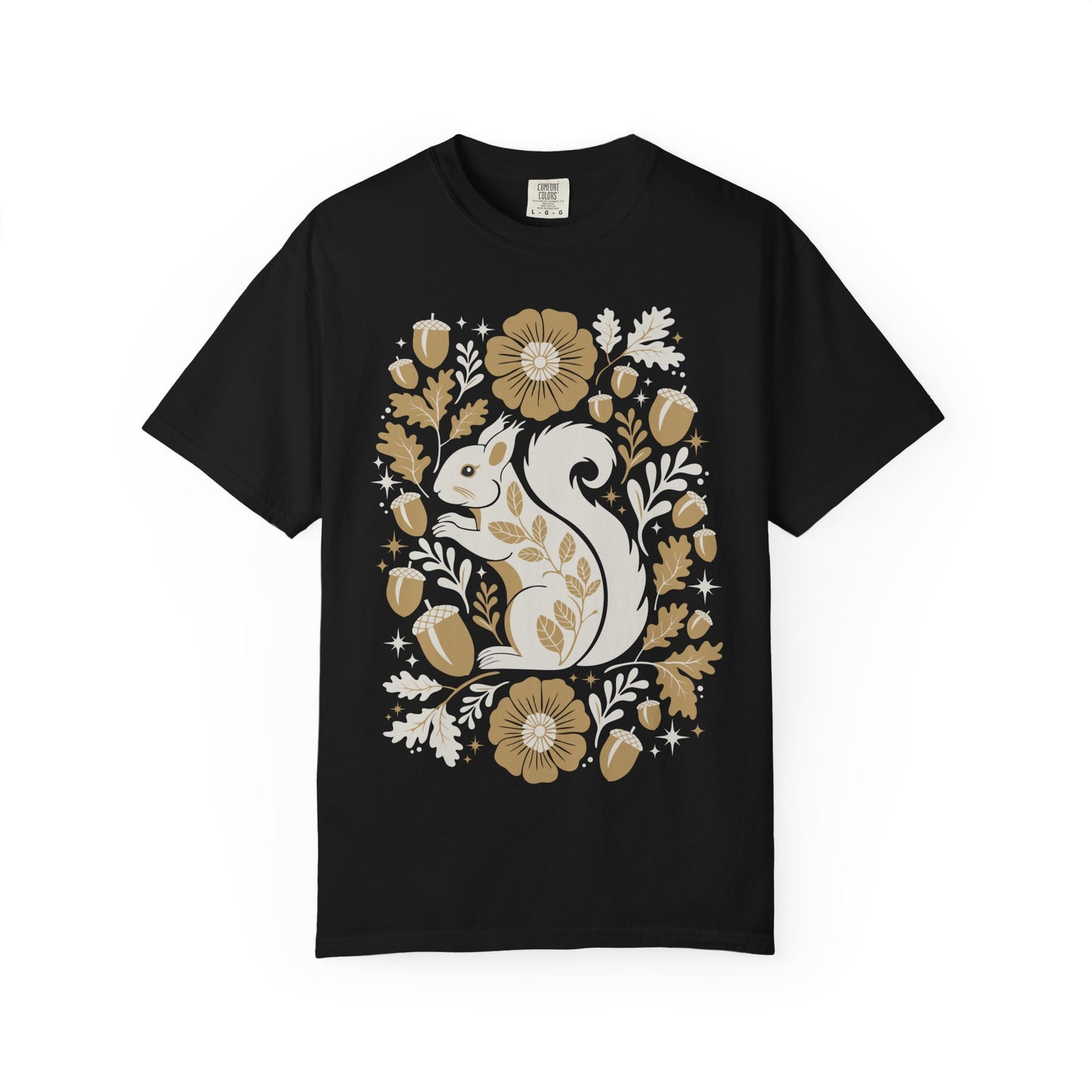 Woodland Squirrel Illustration T-shirt | Floral Acorn Oak Leaf Nature Design Squirrels Tee, 100% Cotton Short Sleeve Shirts