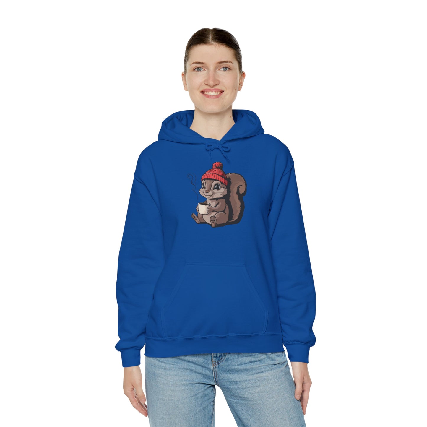 Cozy Squirrel  Pullover Hoodie Unisex Heavy Blend Hooded Sweatshirt with Squirrel in Beanie with Cup Of Coffee Graphic Print