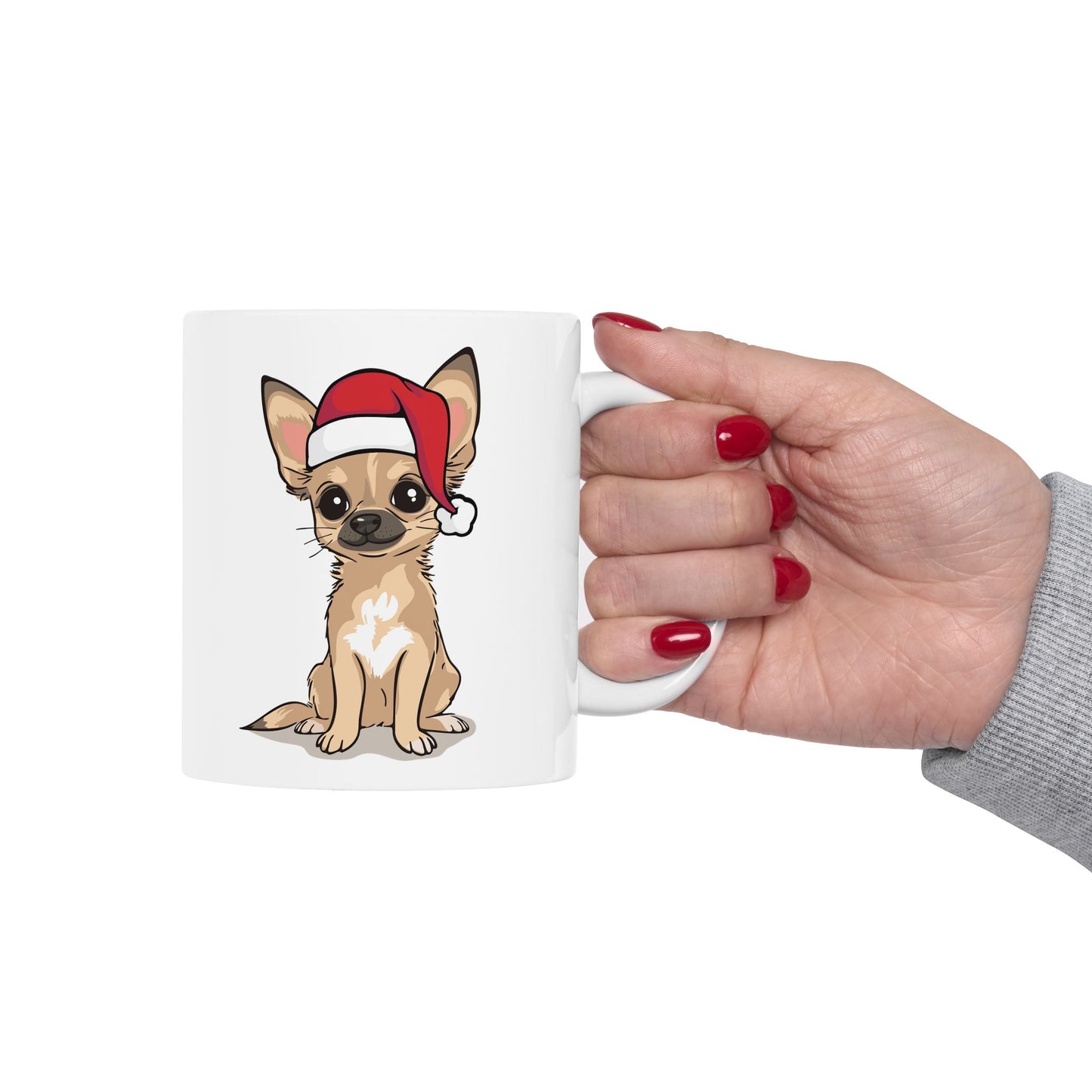 Christmas Chihuahua Dog Ceramic Mug, Holiday Xmas Santa Dogs Coffee Mug, Cute Snowy Winter Tan Puppy Tea Hot Chocolate Mug