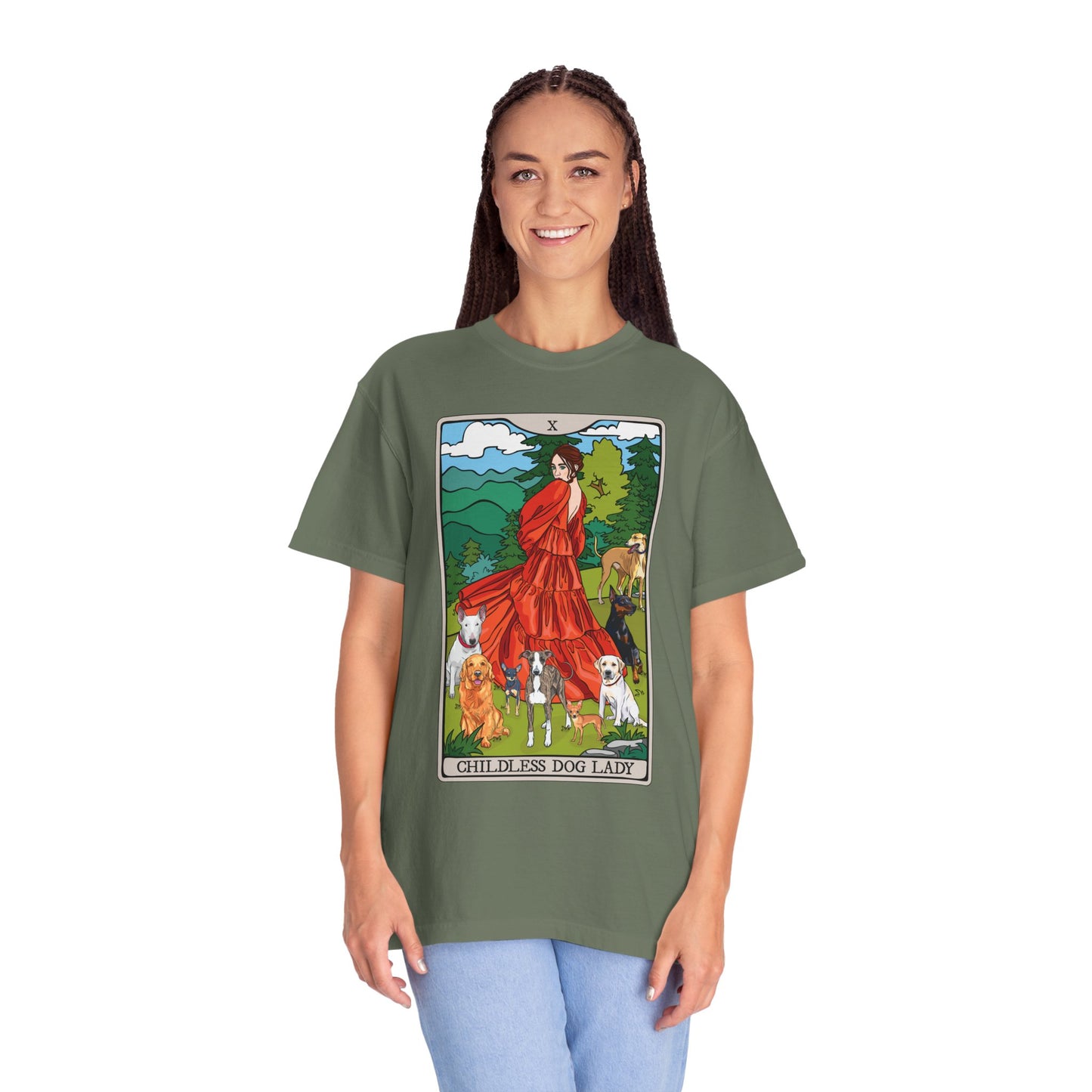 Childless Dog Lady Tarot Card Cotton T-shirt Child-Free Dog Mom Tee with Woman and Dogs Design Garment Dyed Tee