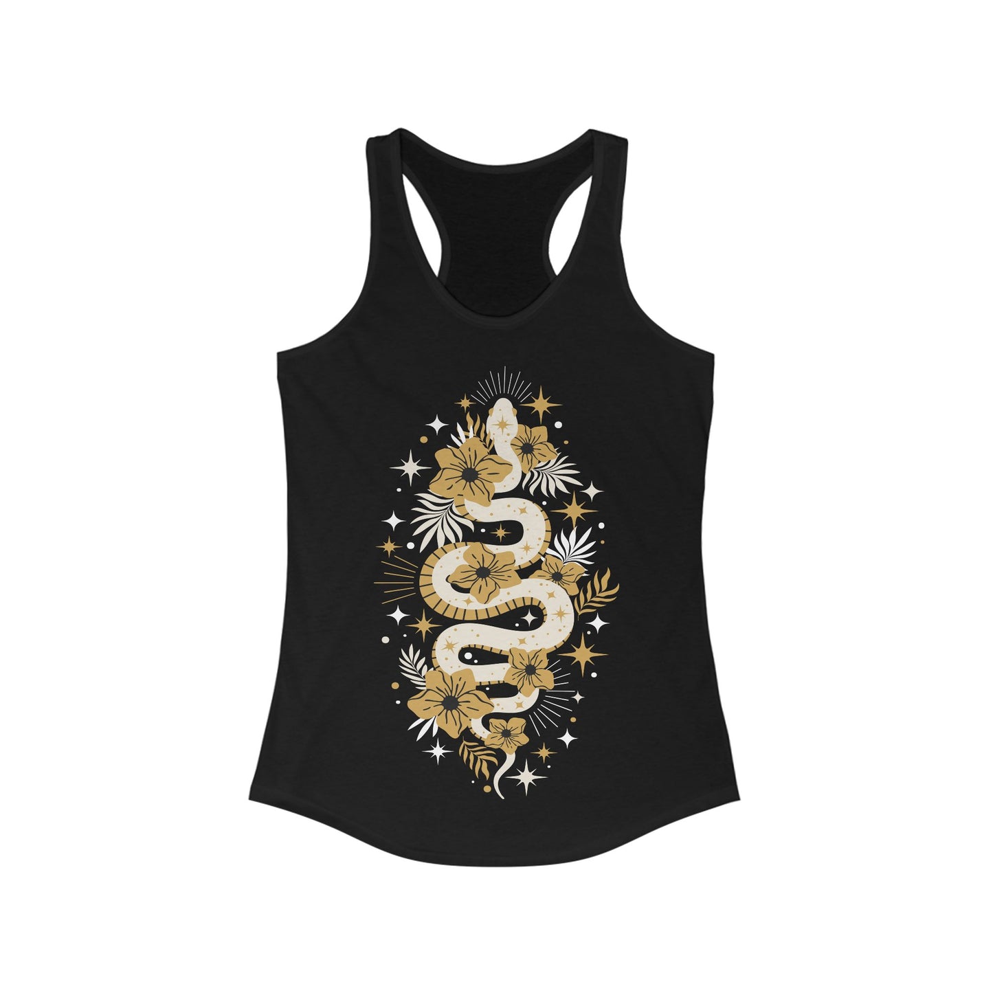 Mystic Golden Snake Women's Racerback Boho Tank Top, Ideal for Bohemian Style, Festival Clothing, Yoga Top, Gift for Her, Summer Fashion