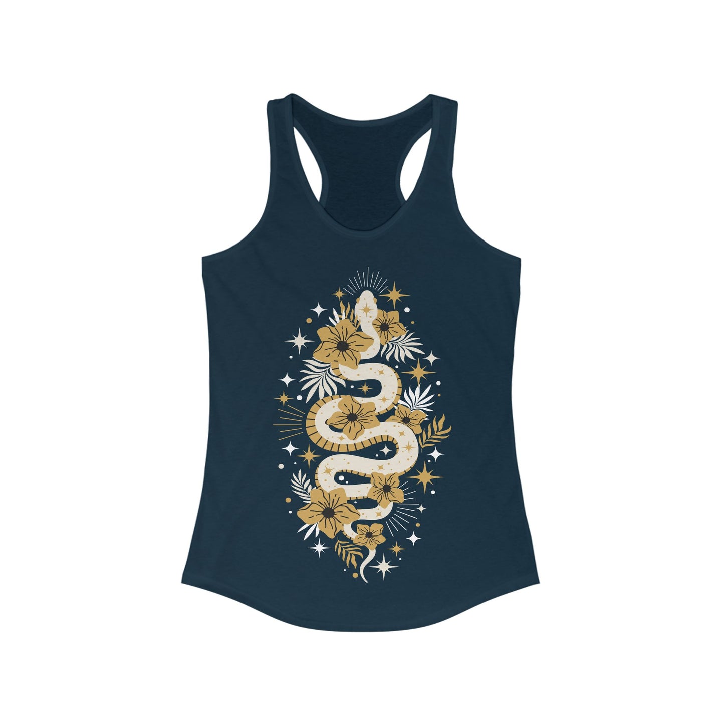 Mystic Golden Snake Women's Racerback Boho Tank Top, Ideal for Bohemian Style, Festival Clothing, Yoga Top, Gift for Her, Summer Fashion