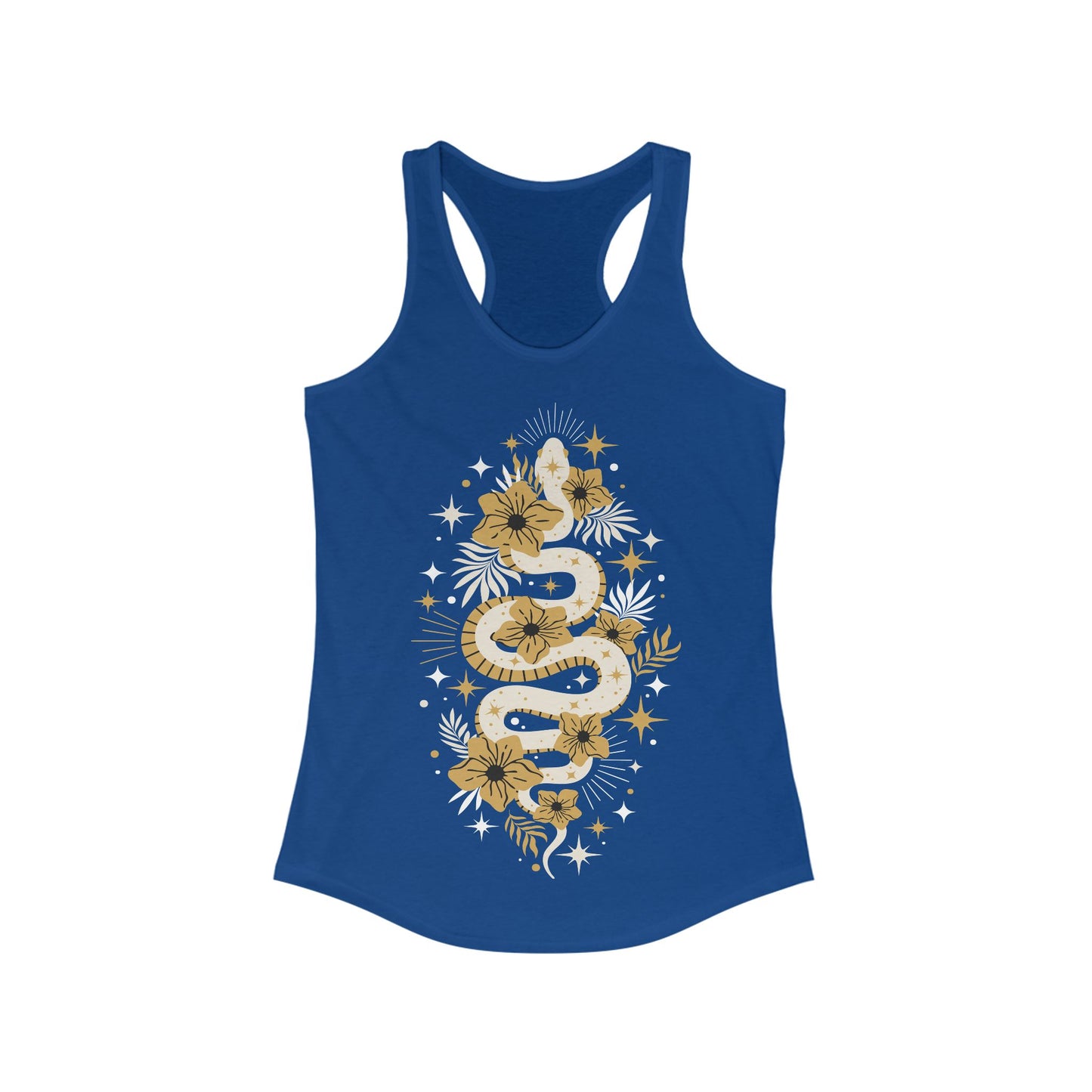Mystic Golden Snake Women's Racerback Boho Tank Top, Ideal for Bohemian Style, Festival Clothing, Yoga Top, Gift for Her, Summer Fashion