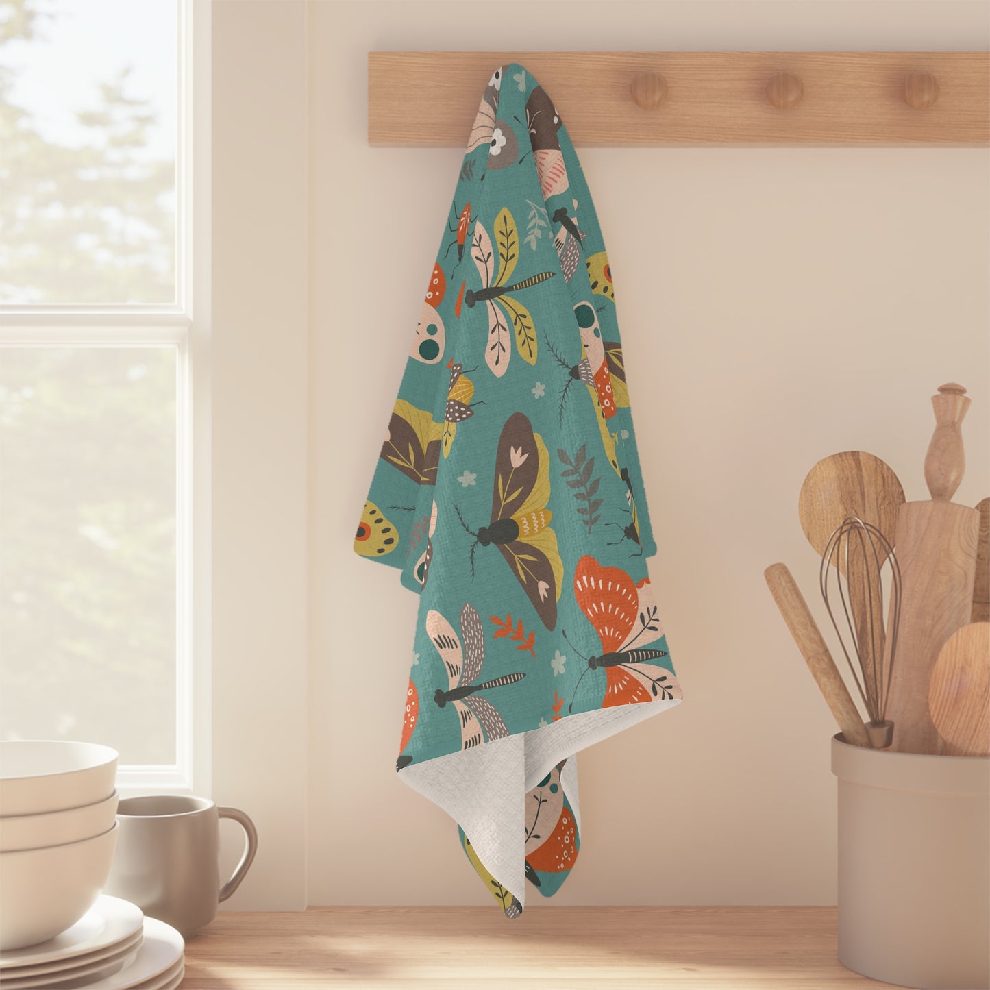 Flutter Frolic Moth, Butterfly, Dragonfly Bug Print Microfiber Tea Towel Cute Insect Kitchen Hand Towel