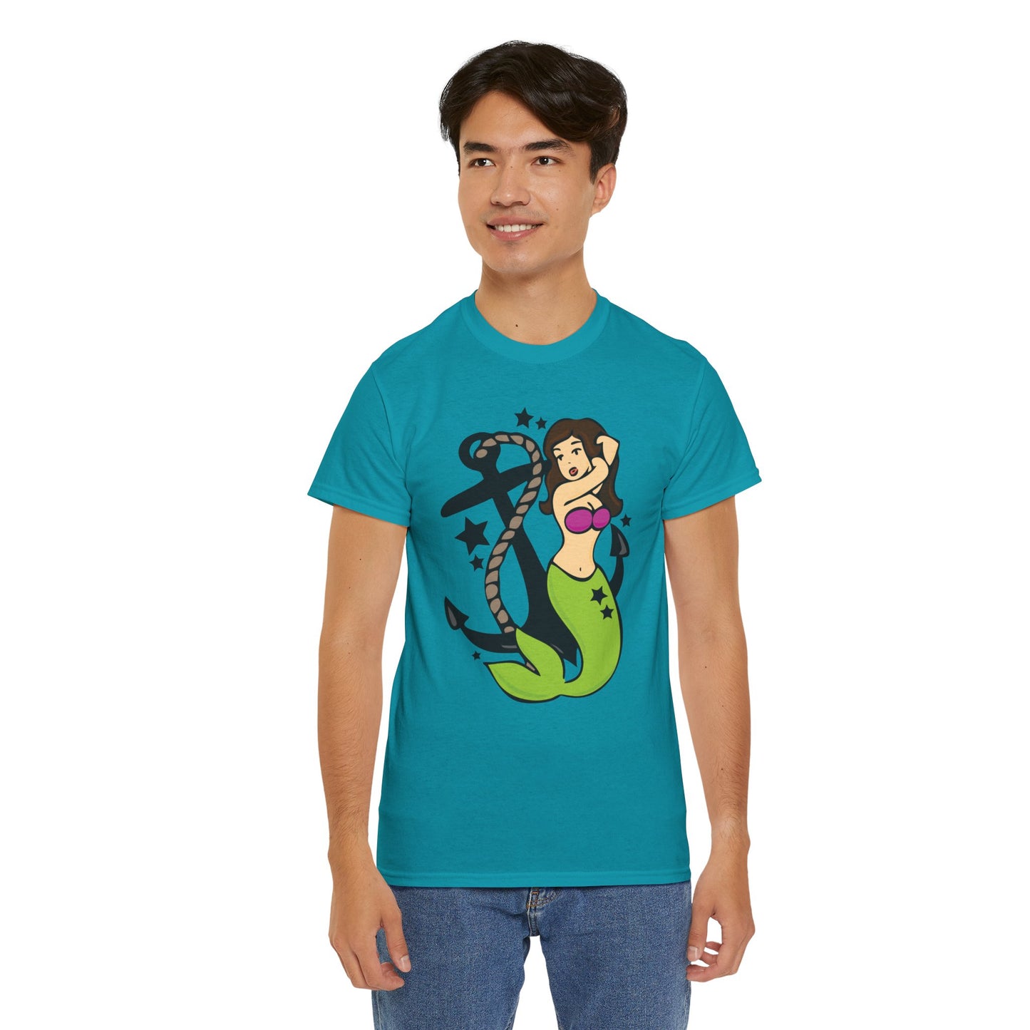 Mermaid Pinup Tattoo T-shirt Unisex Heavy Cotton Tee Womens Mens Nautical Anchor Mermaid Shirt