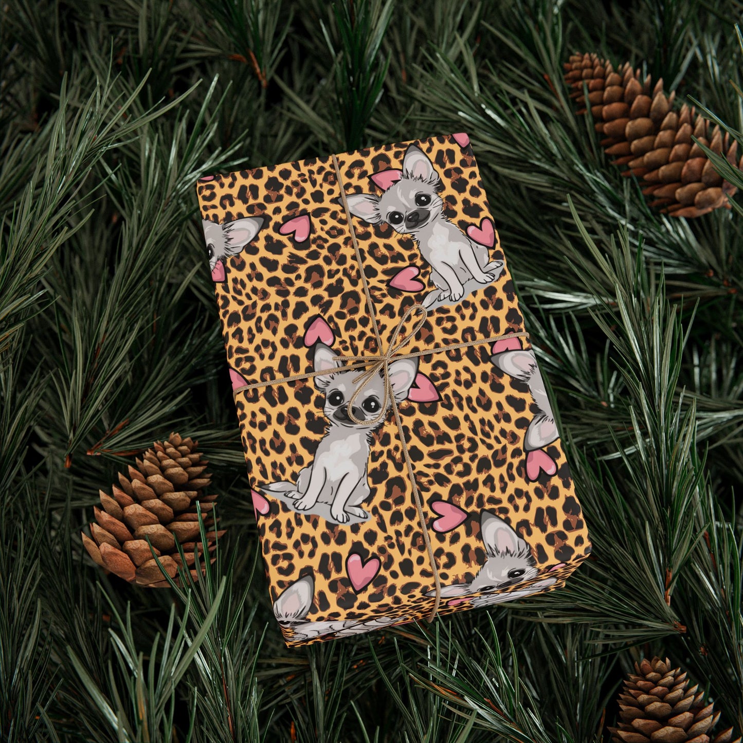 Chihuahua Love Leopard Print Wrapping Paper, Chihuahuas Dog & Hearts Cheetah Pattern Gift Wrap, Birthday Valentine's Day Gifts