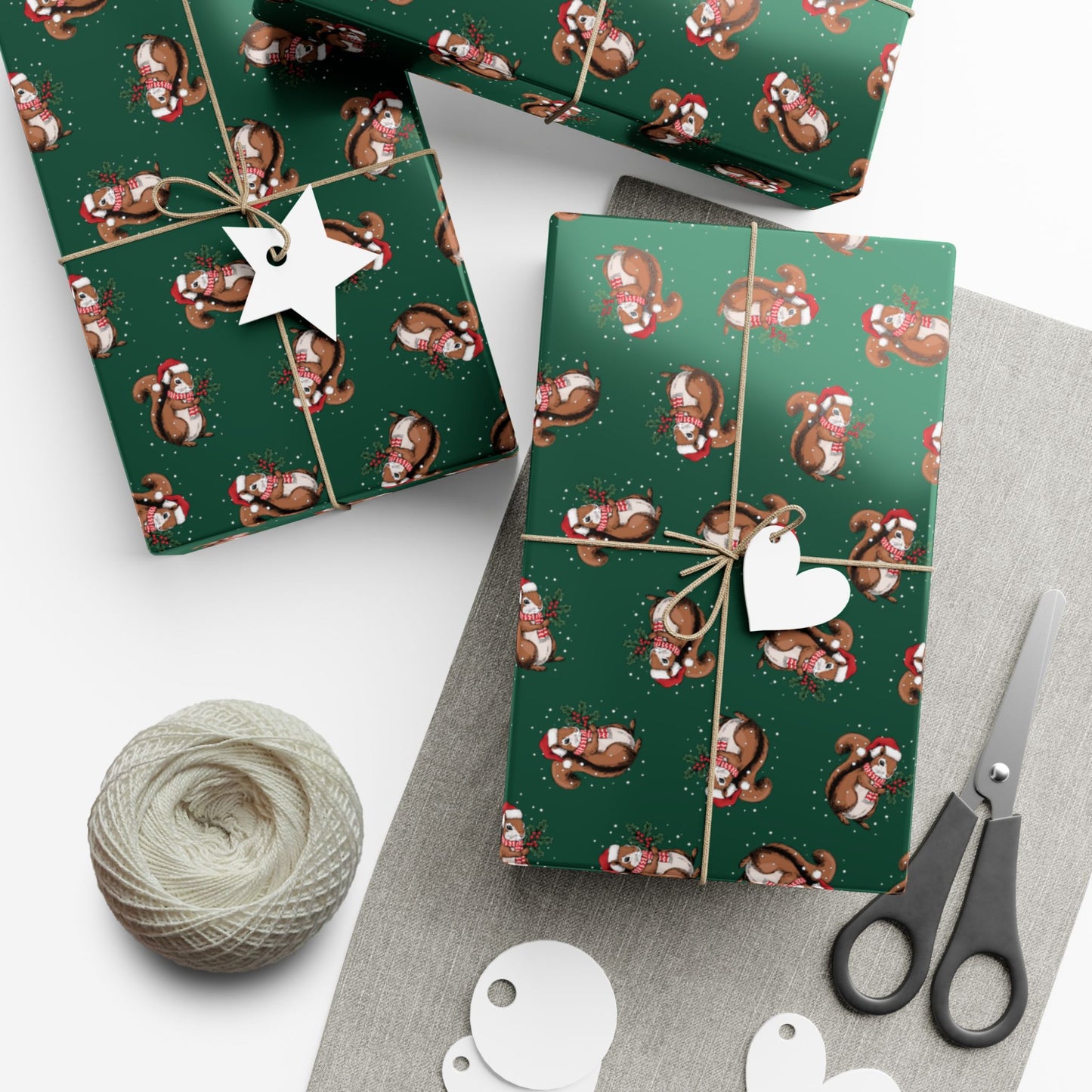 Squirrel Christmas Wrapping Paper, Festive Snowy Santa Squirrels Holidays Print, Sage Green Gift Wrap Xmas, Holidays Gifting Supplies