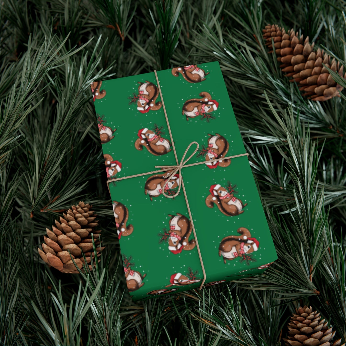 Squirrel Christmas Wrapping Paper, Festive Squirrels Print, Cheery Green Holiday Gift Wrap With Snowy Xmas Squirrel In Santa Hat