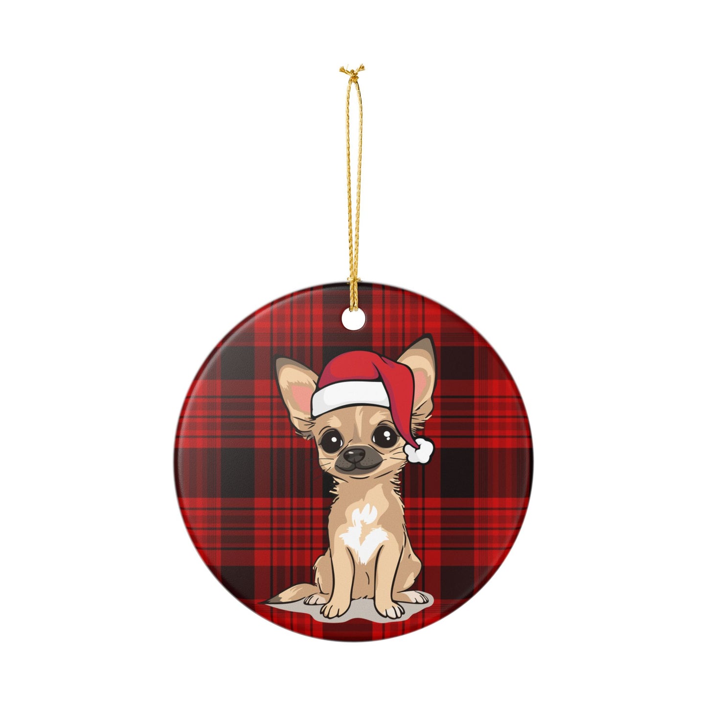 Santa Chihuahua Dog Christmas Tree Ornament, Xmas Dogs Holiday Decorations, Pet Lover Gift, Red Plaid Ceramic Ornaments