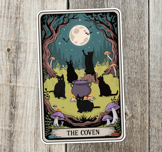 The Coven Witchy Black Cats Tarot Card Sticker - 3.5" Halloween Vinyl Decal Stickers Goth Cat Tarot Cards Design Waterproof Decals