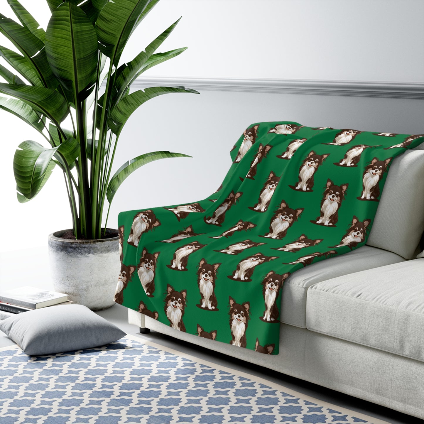 Long Haired Chihuahua Dog Green Sherpa Fleece Blanket Cute Doggy Puppy Print, Green Chihuahuas Pattern Throw Blankets Bedding