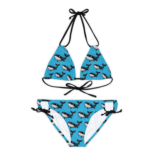 Turquoise Whale Print 2 Piece Strappy Bikini Set Womens Swimwear with Sea Animal Marine Life Whale Design Print