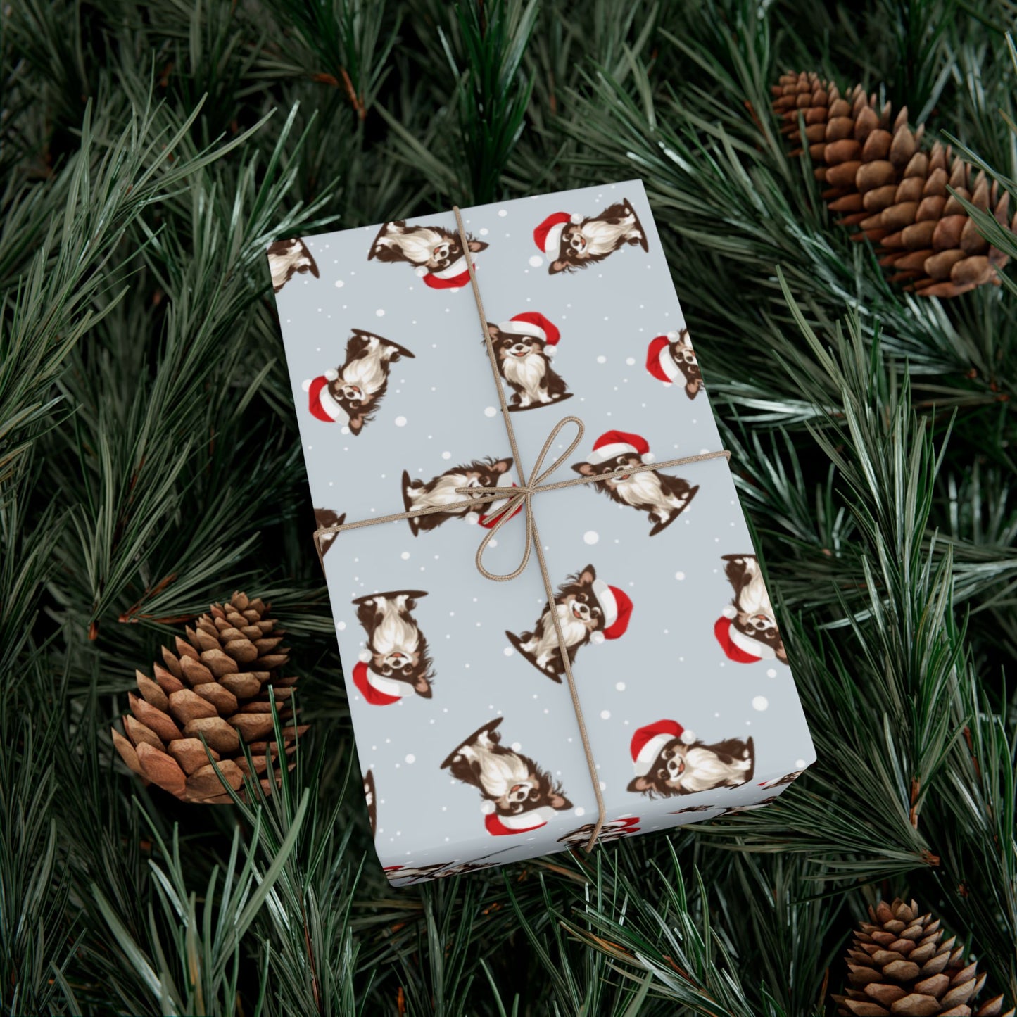 Long Haired Chihuahua Dog Christmas Wrapping Paper, Dogs Print, Cheery Holiday Gift Wrap With Snowy Xmas Puppy In Santa Hat
