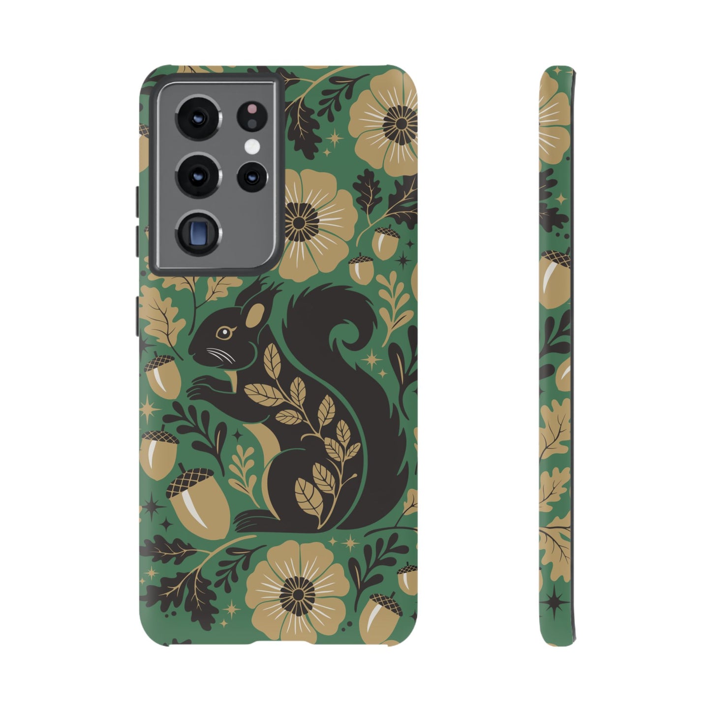 Green Squirrel Floral Pattern Cell Phone Case | Botanical Folk Art Acorn Leaves Design, Iphone Google Pixel Samsung Cases Matte Finish