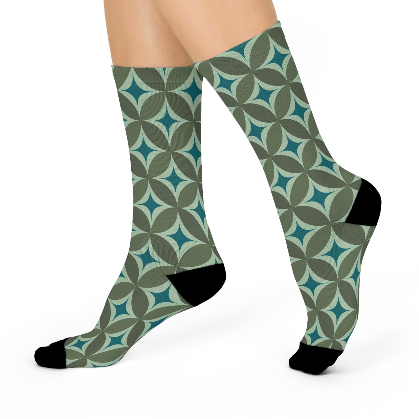 Blue & Green Retro Geometric Pattern Cushioned Crew Socks with 1970's Teal and Sage Green Design