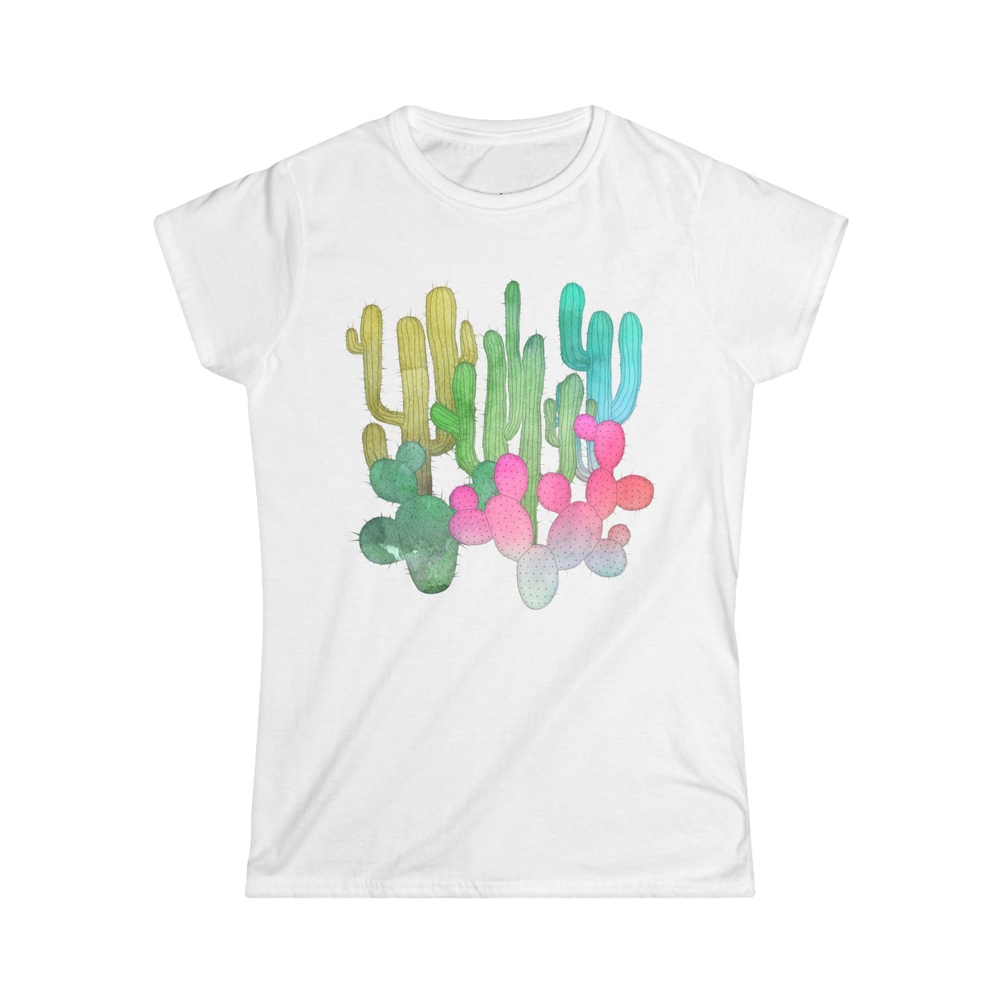 Cactus Garden Arizona Desert Women's Fitted T-shirt Colorful Saguaro Cactus Print on Ladies Cotton Tee