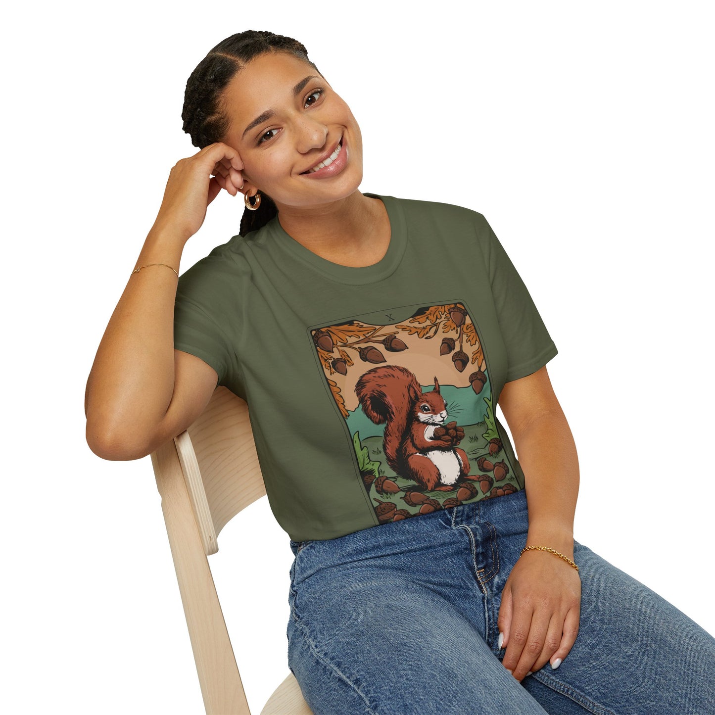 The Forager Squirrel Tarot Card T-shirt Softstyle Graphic Tee with Nut Foraging Squirrels Tarot Card Print