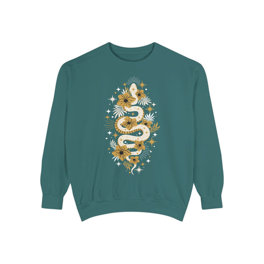 Mystic Gold Snake & Flower Unisex Sweatshirt, Boho Pullover Long Sleeve Sweatshirts, Bohemian Witchy Snake Print Apparel