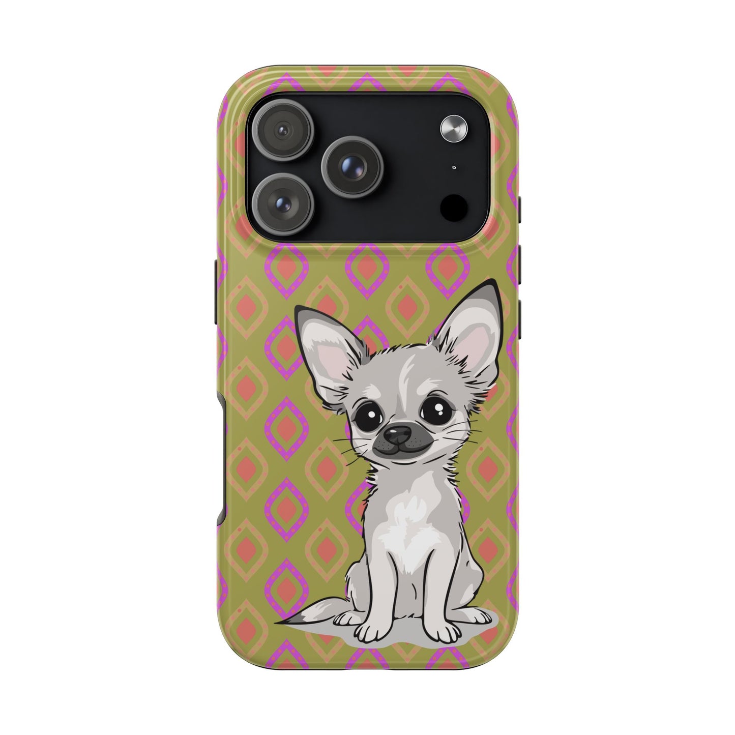 White Chihuahua Puppy Dog Phone Case, Tough Phone Cases Pet Dogs Retro Green  Pattern