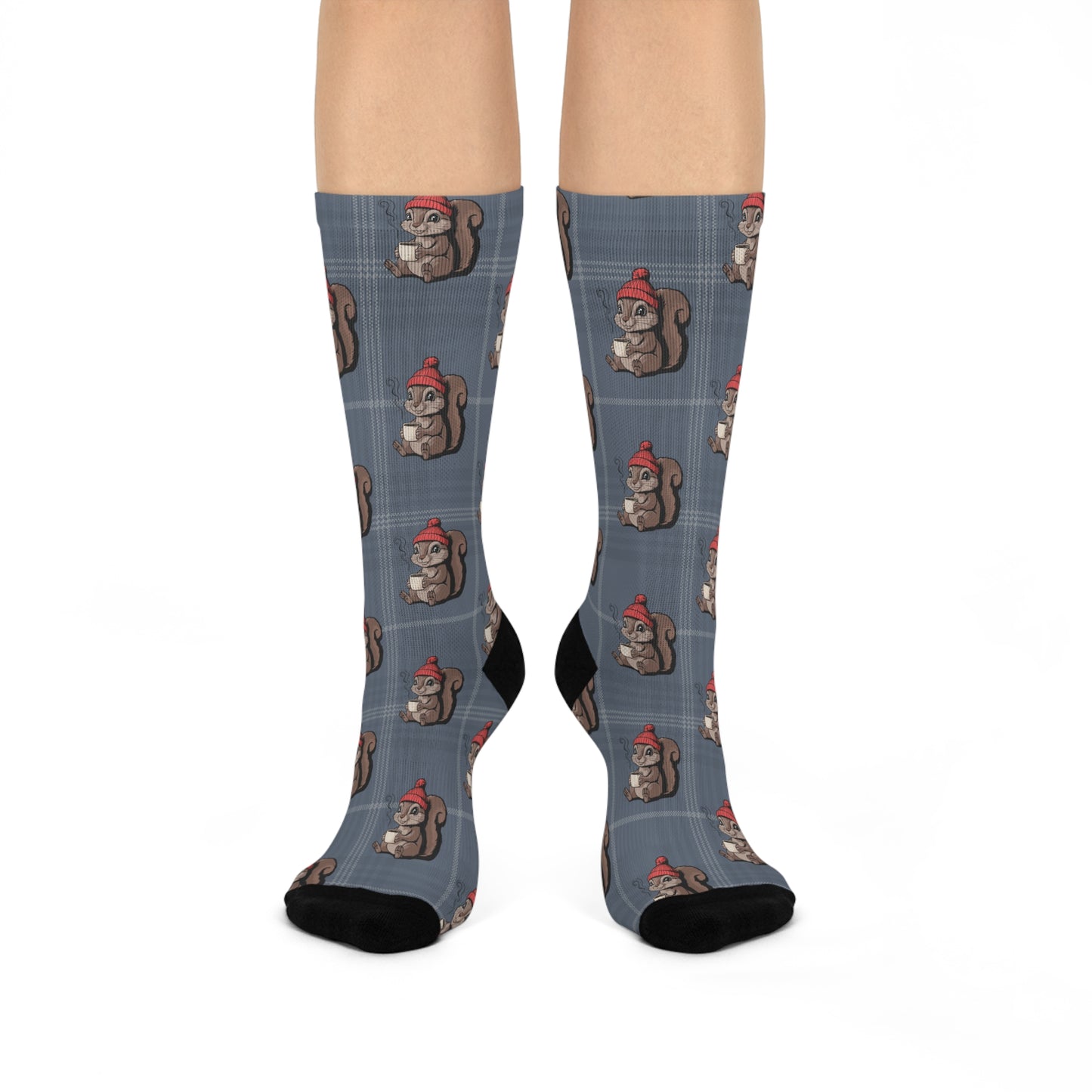 Cozy Squirrel Plaid Crew Socks, Blue Plaid Squirrels Pattern Novelty Footwear, Fun Fall Winter Accessories, Cushioned Socks Unisex