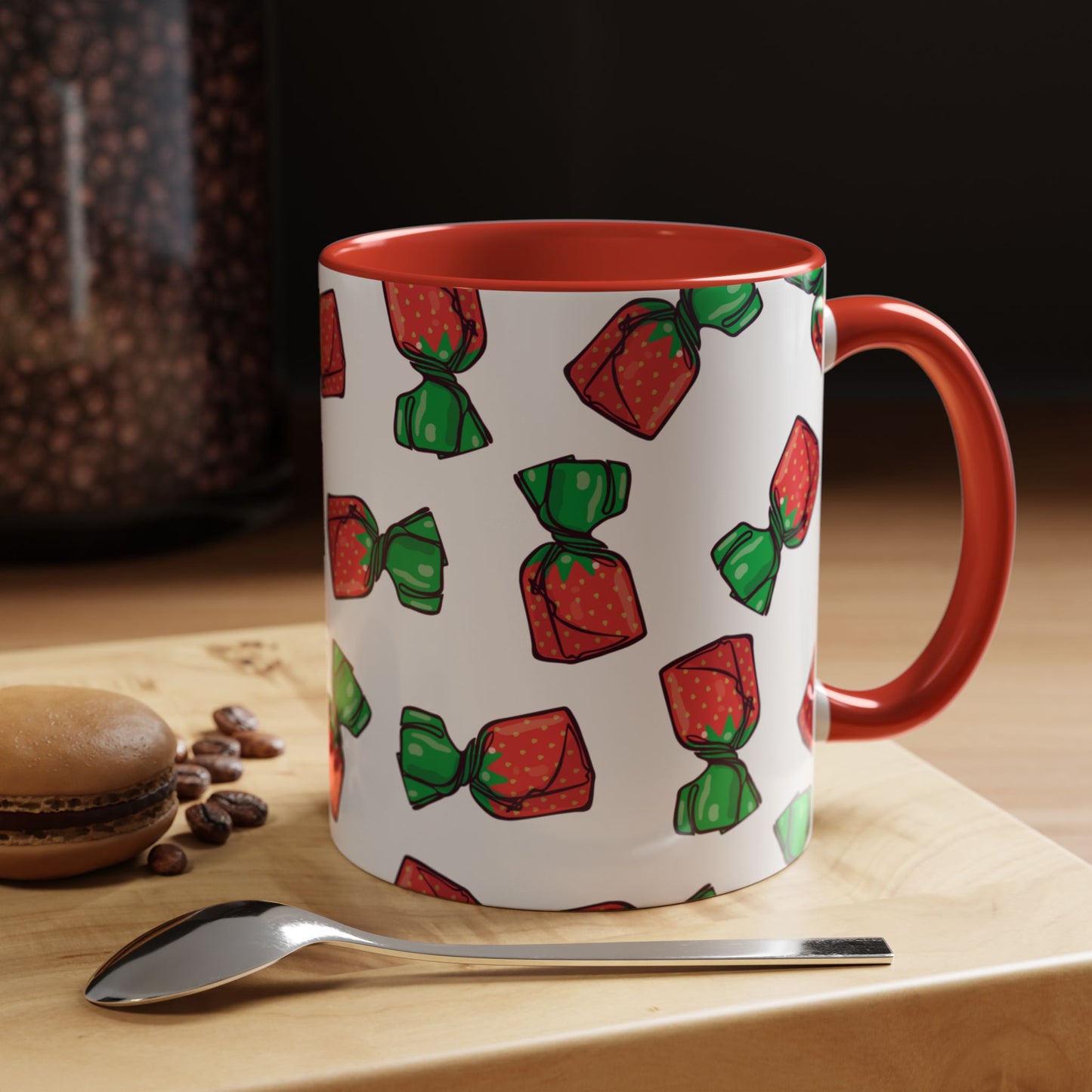 Strawberry Hard Candies Coffee Mug - Retro Nostalgic Pattern Strawberries Candy Print Tea Mugs with Red Accents