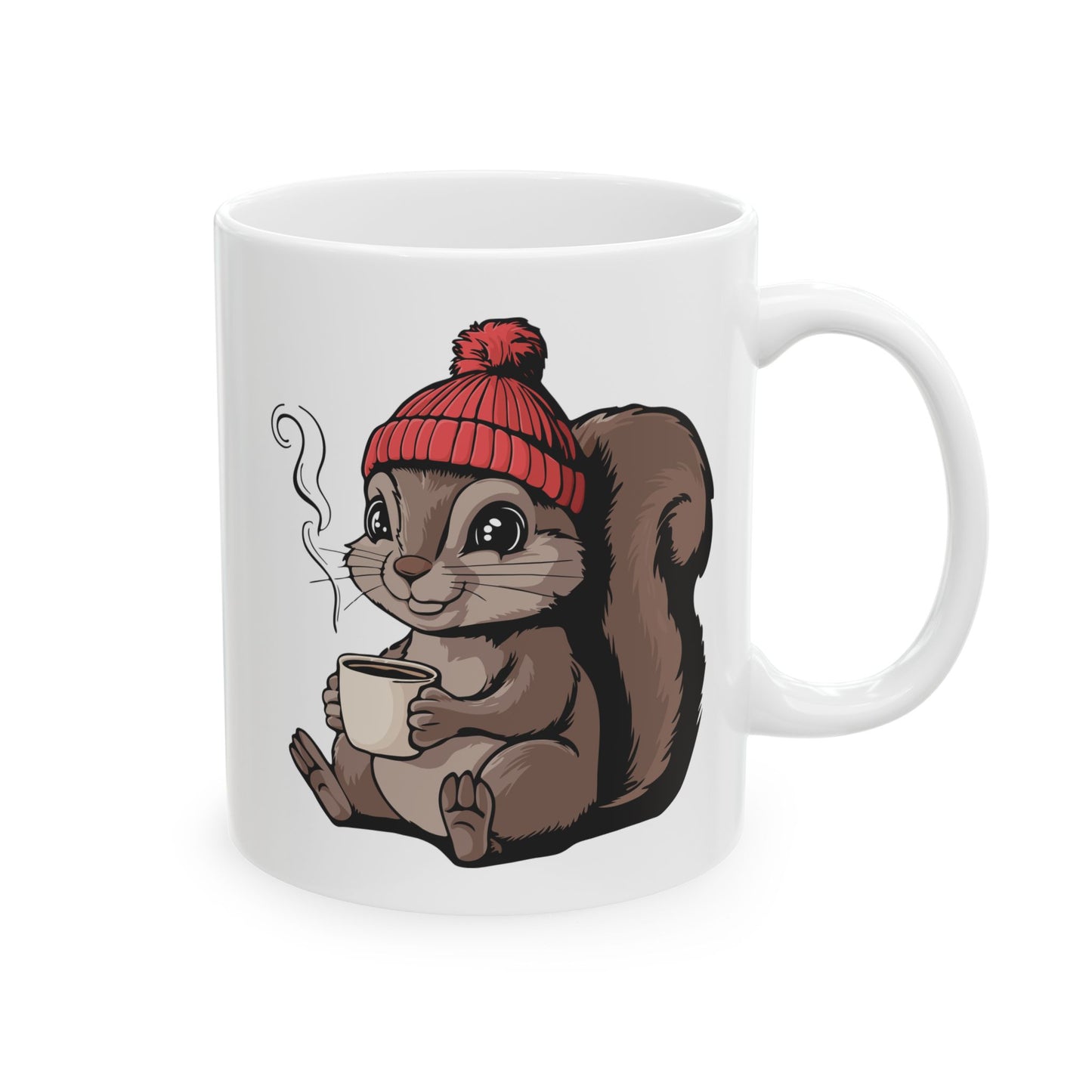 Cozy Squirrel Ceramic Coffee Mug 11oz with Squirrel in Beanie with Cup Of Coffee Graphic Print