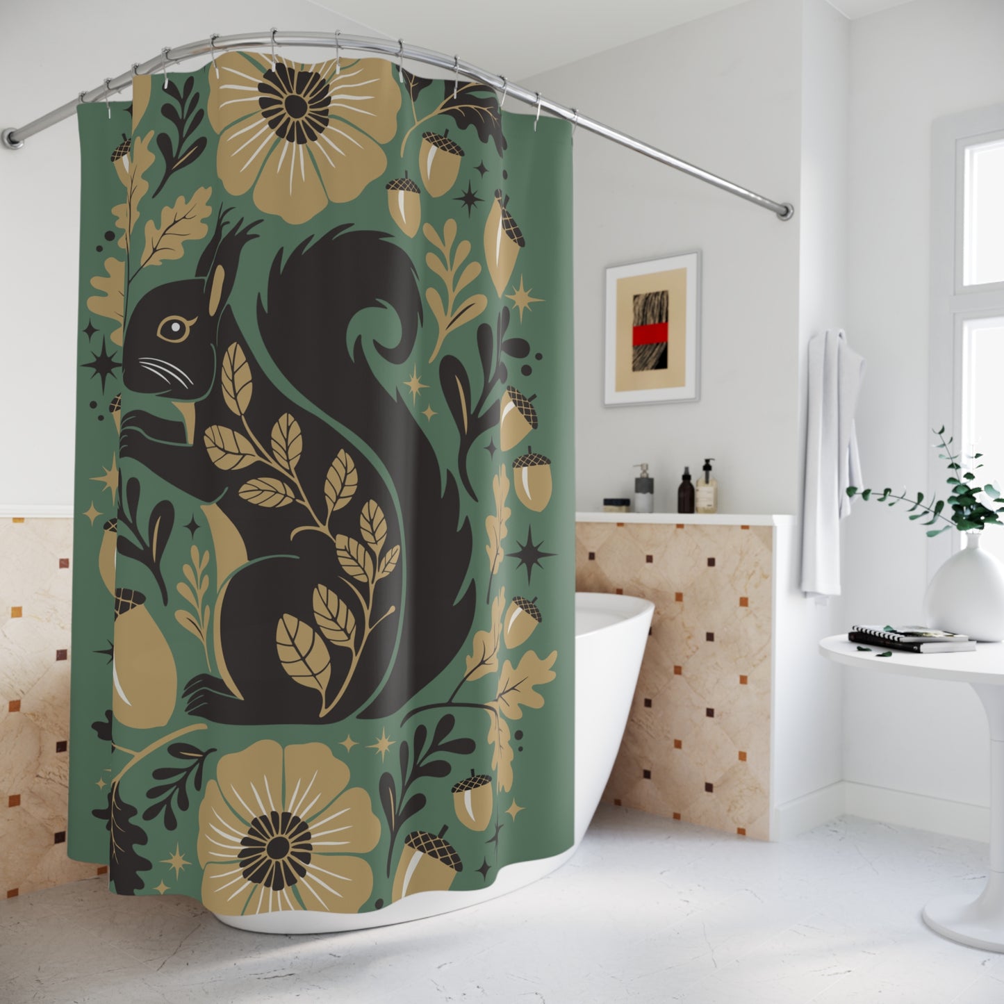 Woodland Squirrel Shower Curtain | Floral Acorn Forest Pattern Squirrels Bathroom Decor, Green Flower Shower Curtains